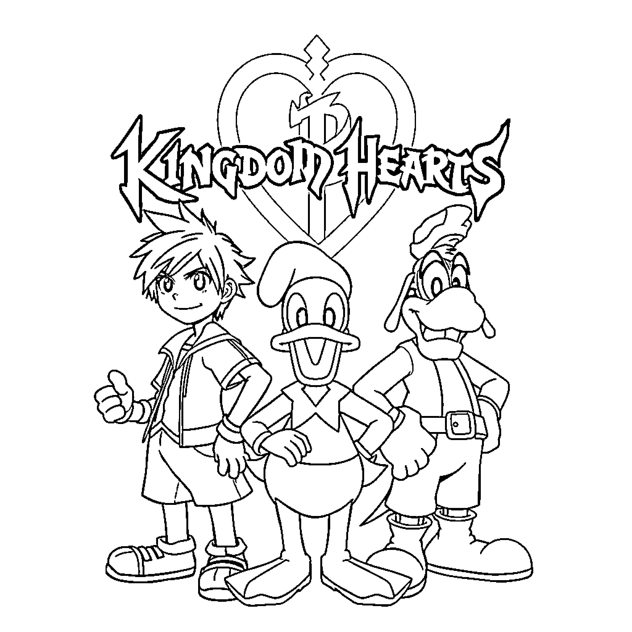 Kingdom Hearts Characters in Action Coloring Page (free black-and-white line drawing printable PDF for all, from beginners to advanced learners, including children, teens, adults, and seniors)