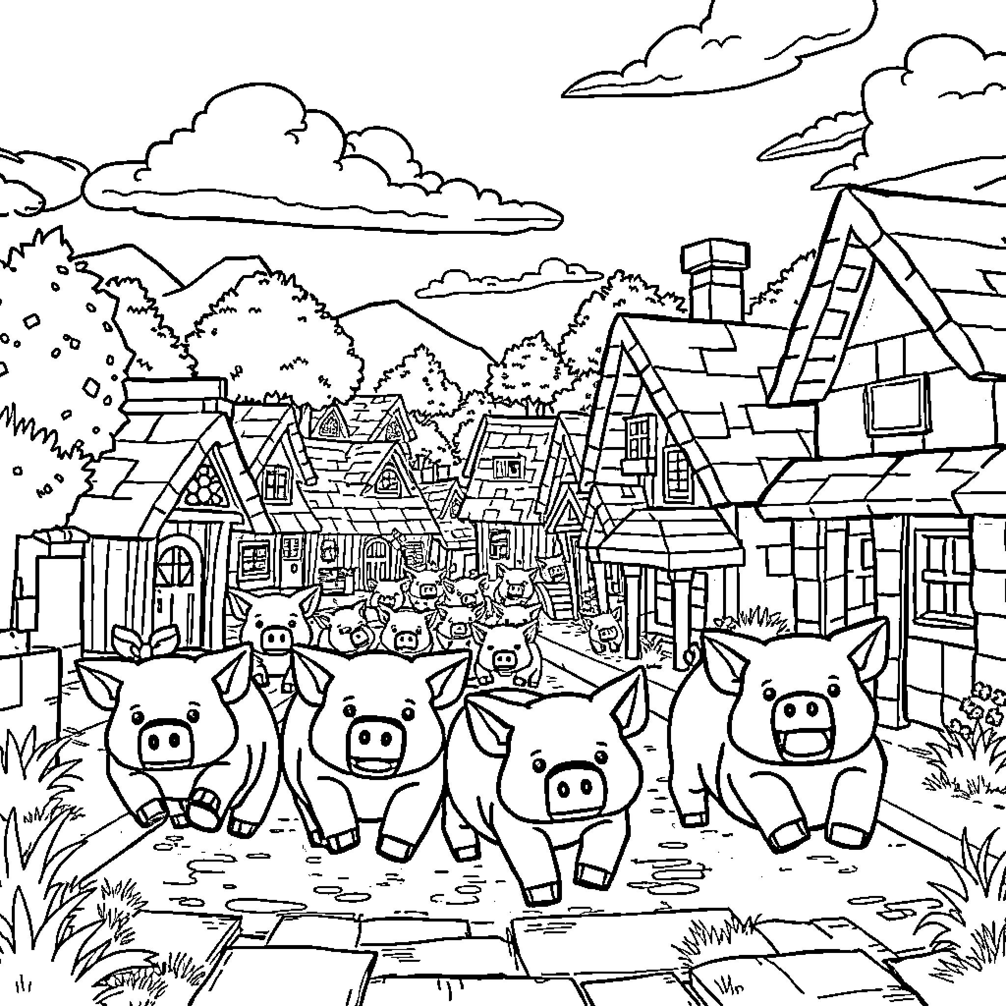 Pigs playing in a quaint rural village Coloring Page (free black-and-white line drawing printable PDF for all, from beginners to advanced learners, including children, teens, adults, and seniors)