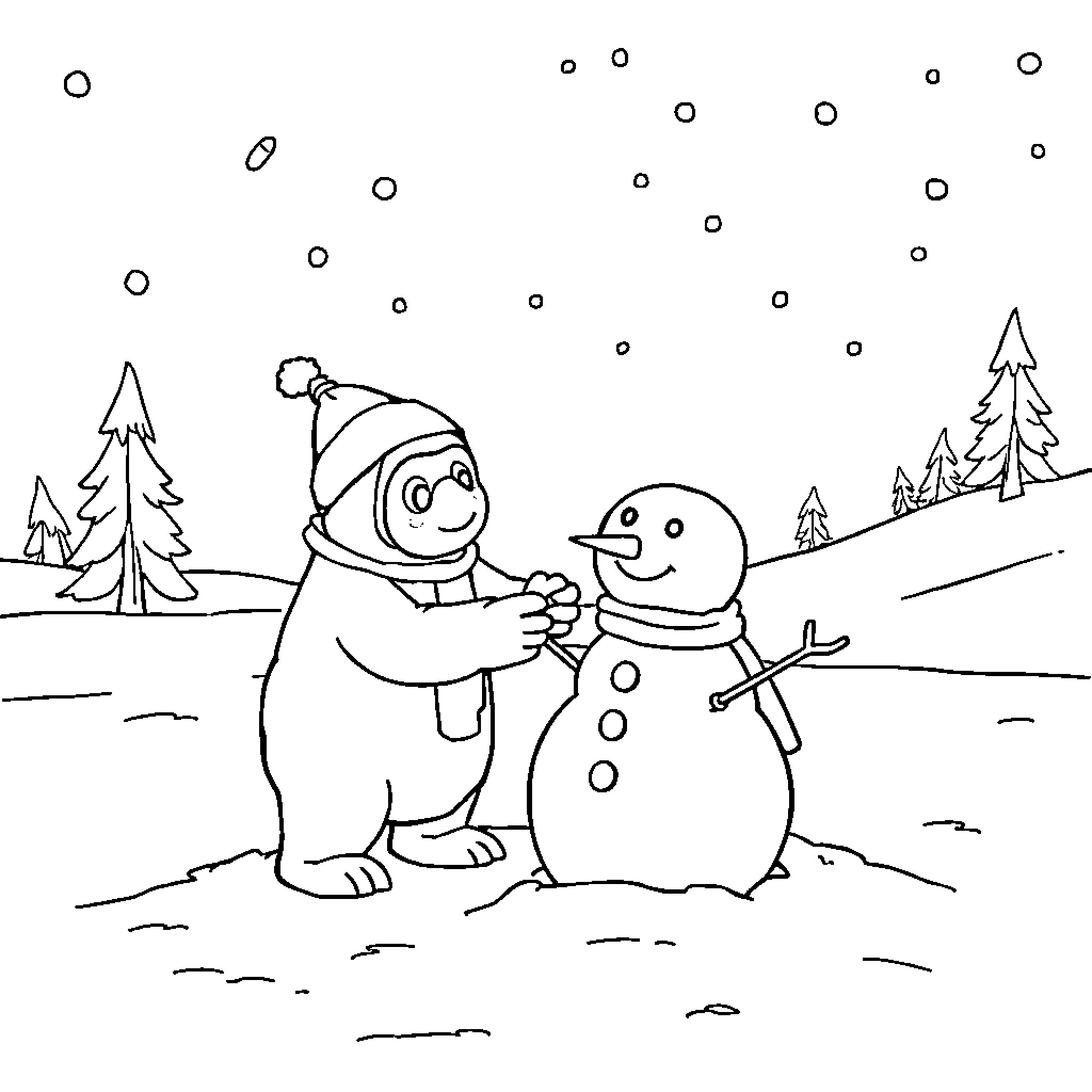 Grogu building a friendly snowman in the winter landscape Coloring Page (free black-and-white line drawing printable PDF for all, from beginners to advanced learners, including children, teens, adults, and seniors)