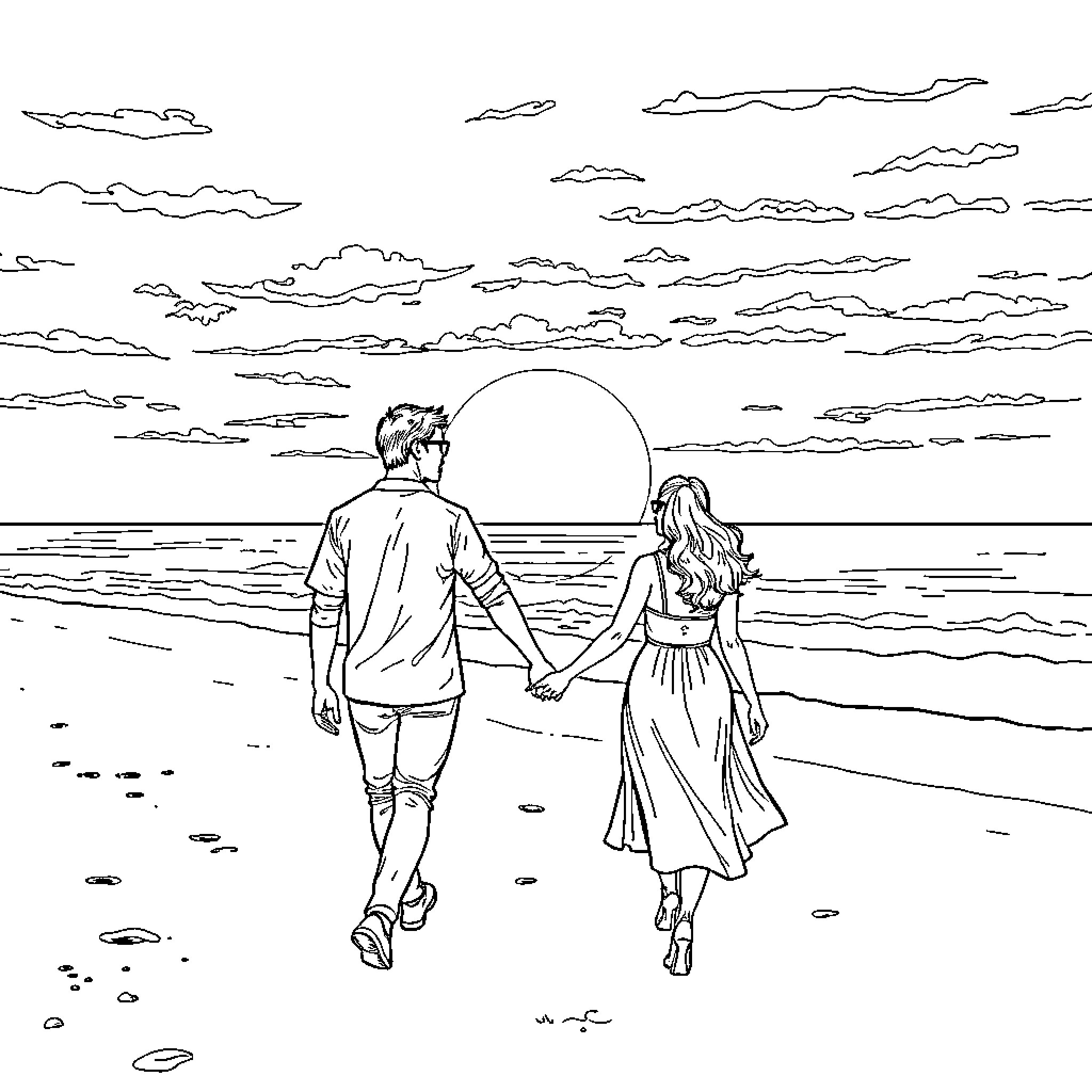 Man and Woman Walking Together on the Beach at Sunset Coloring Page (free black-and-white line drawing printable PDF for all, from beginners to advanced learners, including children, teens, adults, and seniors)