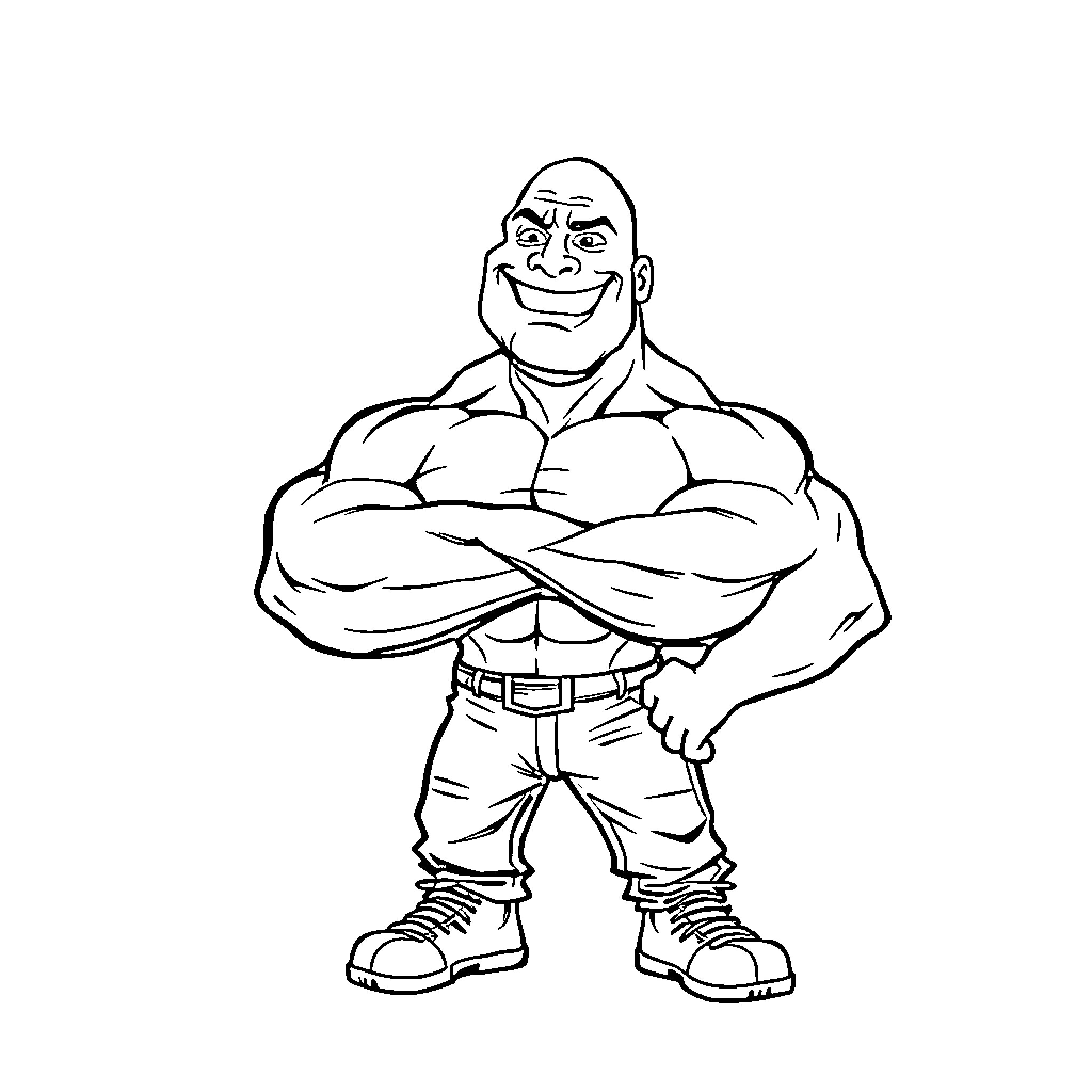 Rock Muscular Man Flexing Arms and Smiling Coloring Page (free black-and-white line drawing printable PDF for all, from beginners to advanced learners, including children, teens, adults, and seniors)