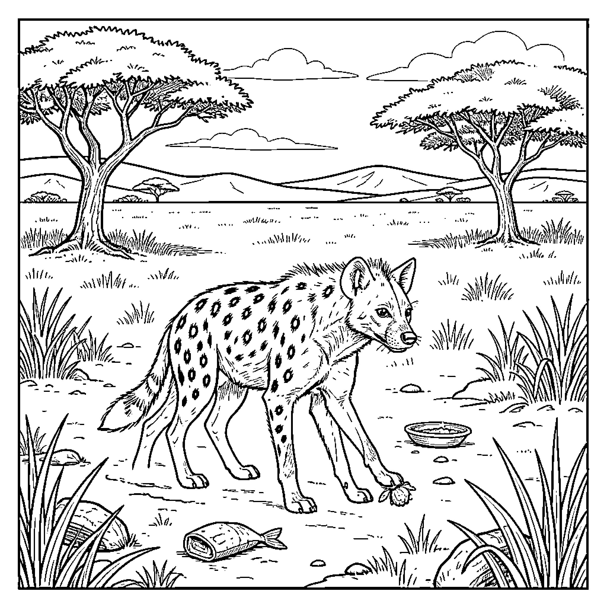 Hyena walking through the savanna landscape Coloring Page (free black-and-white line drawing printable PDF for all, from beginners to advanced learners, including children, teens, adults, and seniors)