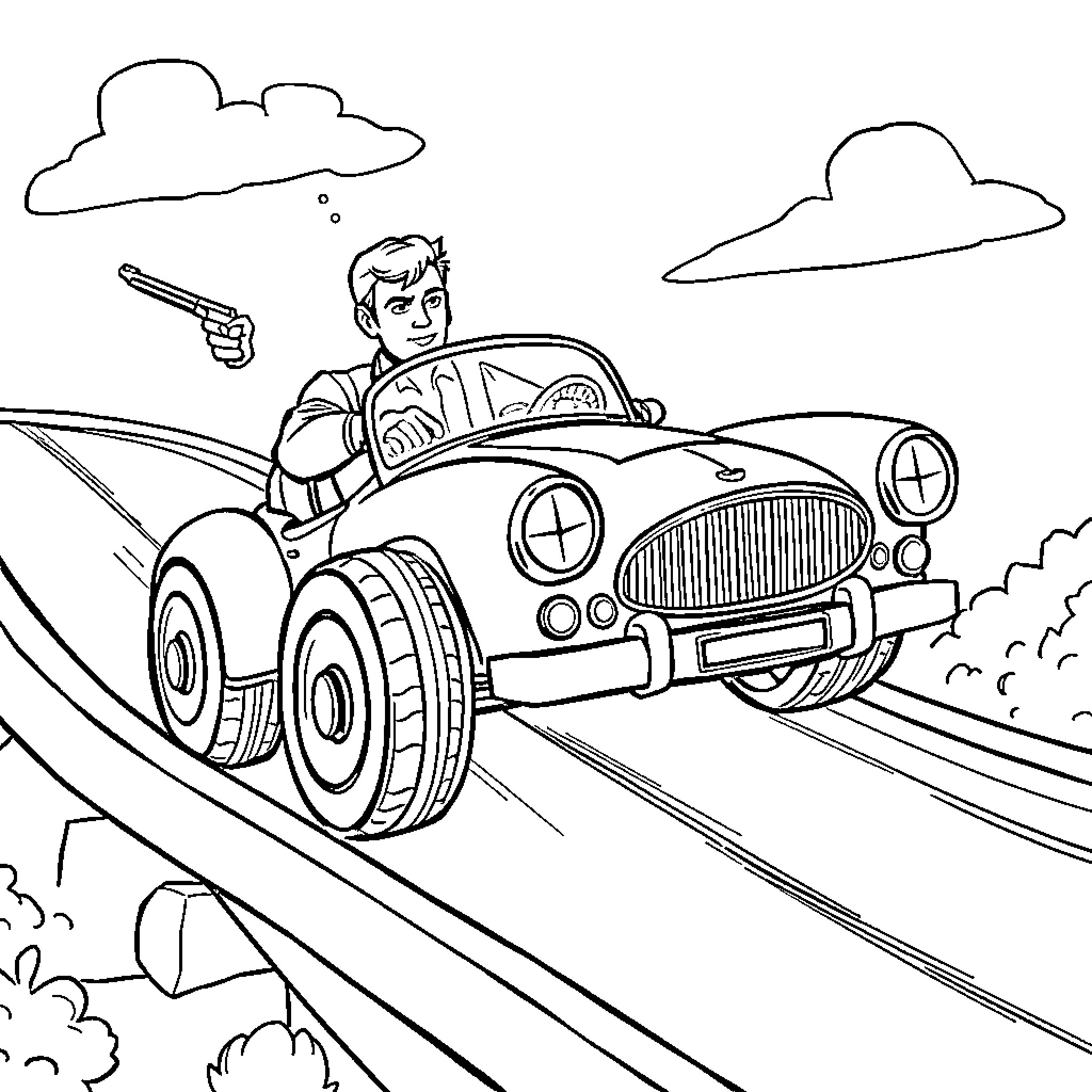 James Bond Driving His Iconic Sports Car Coloring Page (free black-and-white line drawing printable PDF for all, from beginners to advanced learners, including children, teens, adults, and seniors)