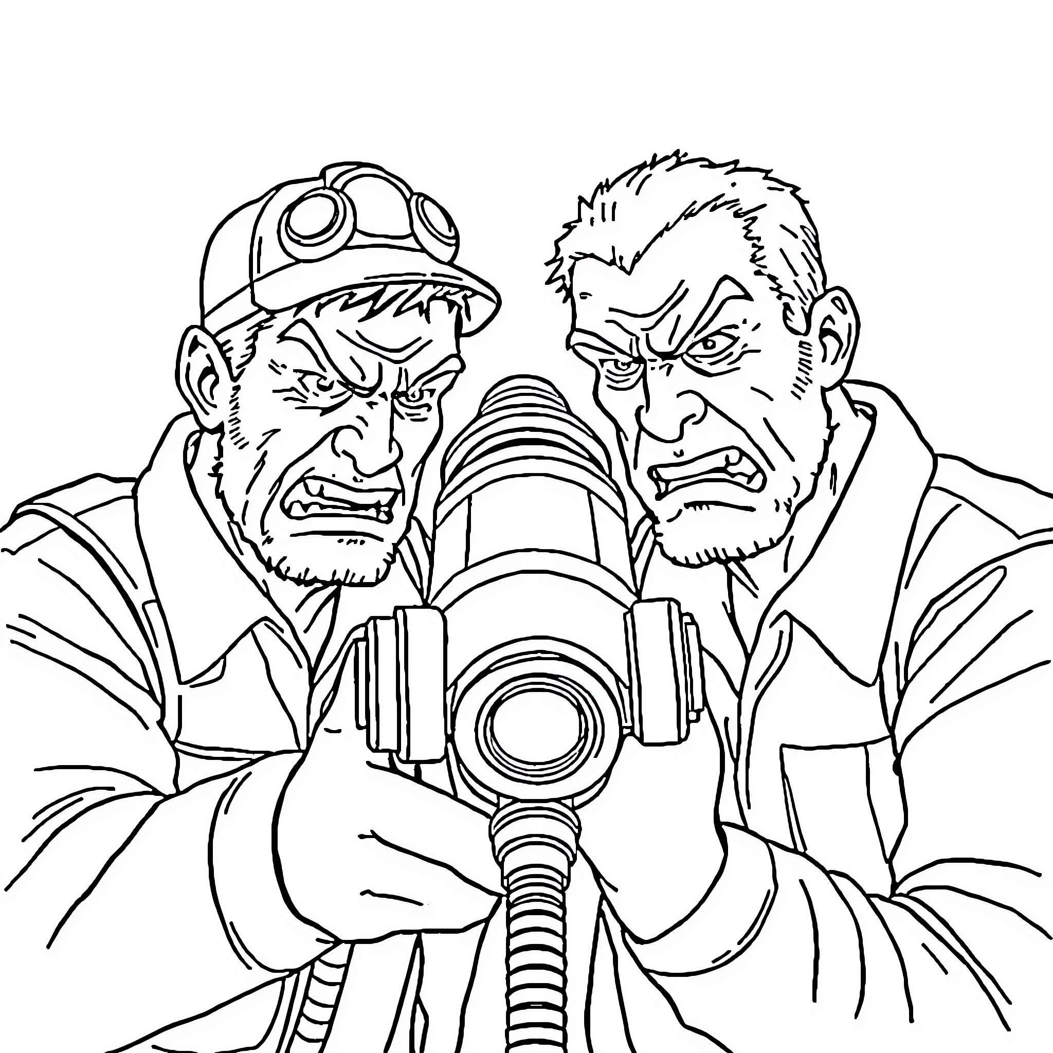 Guy miners examining safety equipment with intensity Coloring Page (free black-and-white line drawing printable PDF for all, from beginners to advanced learners, including children, teens, adults, and seniors)