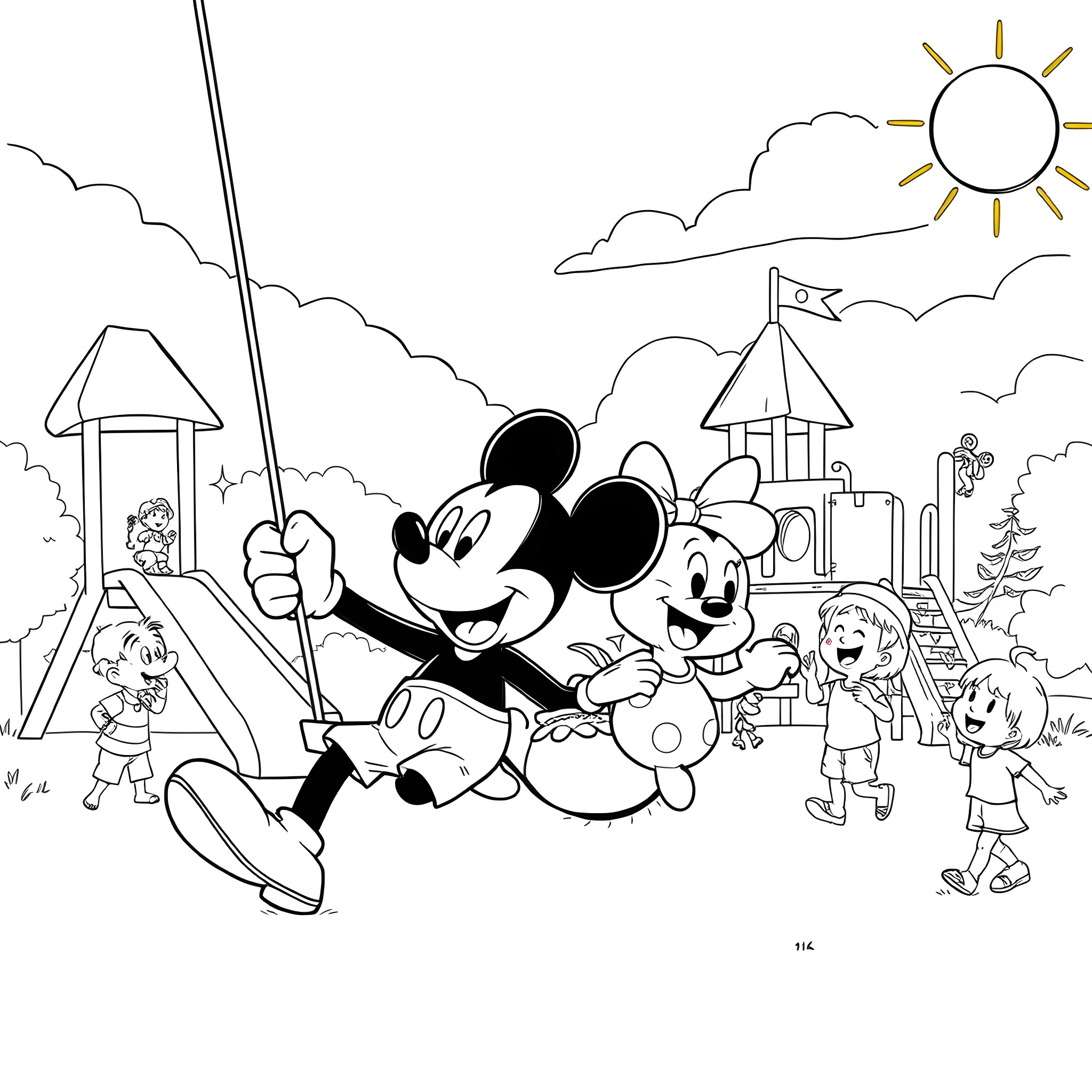 Mickey and Friends Enjoying a Sunny Day at the Park Coloring Page (free black-and-white line drawing printable PDF for all, from beginners to advanced learners, including children, teens, adults, and seniors)