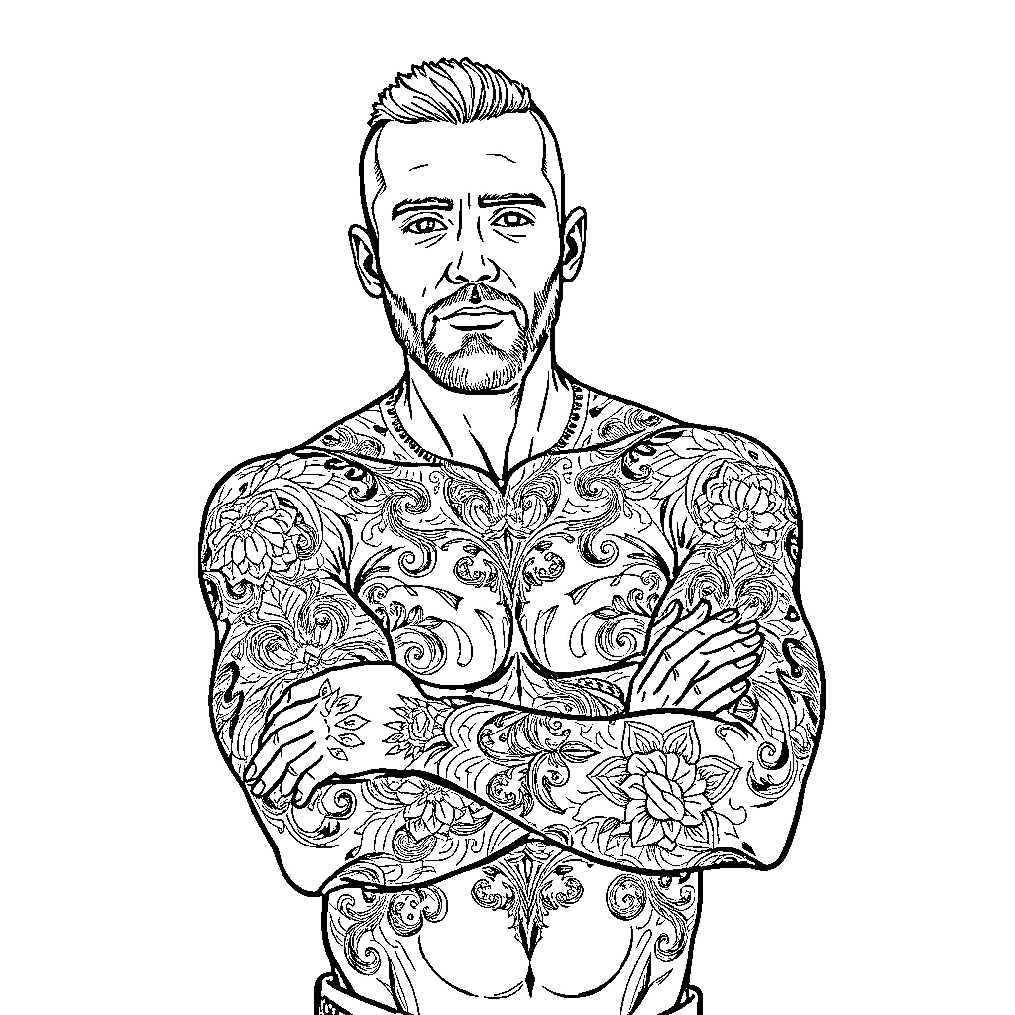 Man with intricate tattoos and serious expression Coloring Page (free black-and-white line drawing printable PDF for all, from beginners to advanced learners, including children, teens, adults, and seniors)