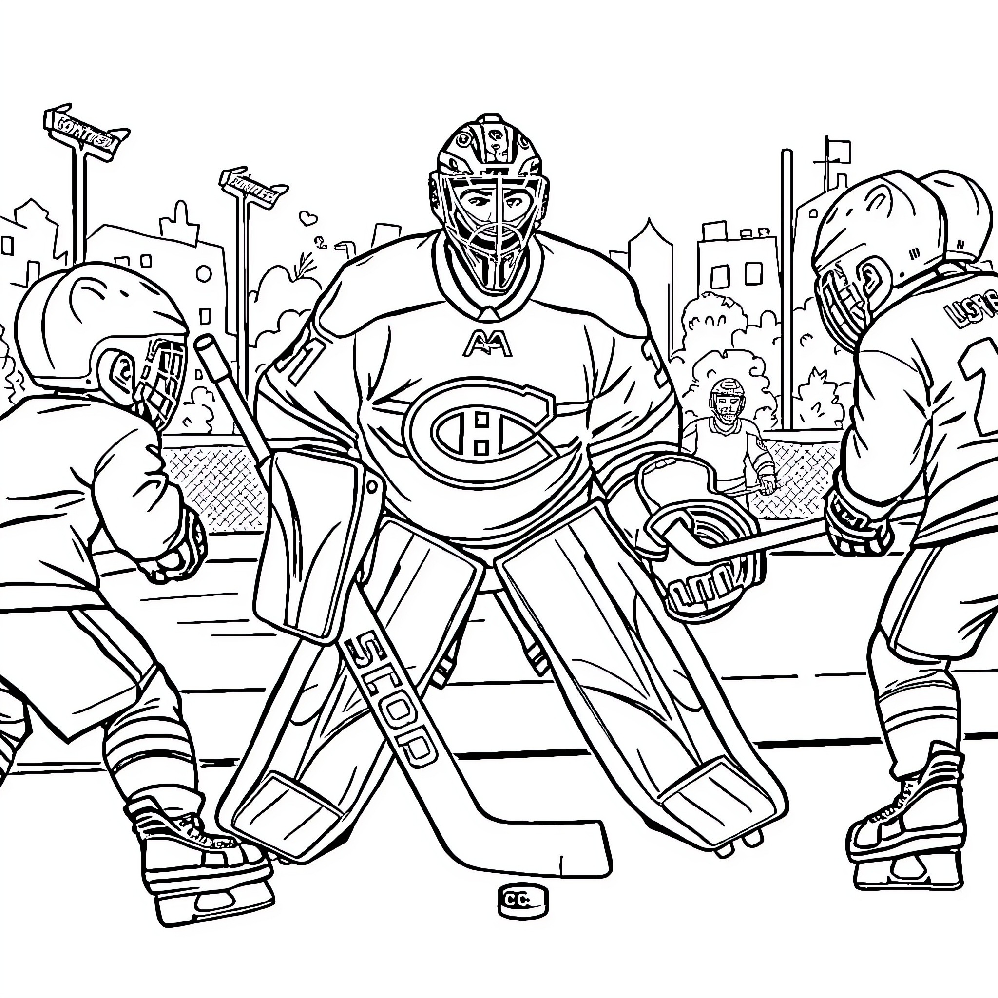 Goalie in Action on the Ice Rink Coloring Page (free black-and-white line drawing printable PDF for all, from beginners to advanced learners, including children, teens, adults, and seniors)