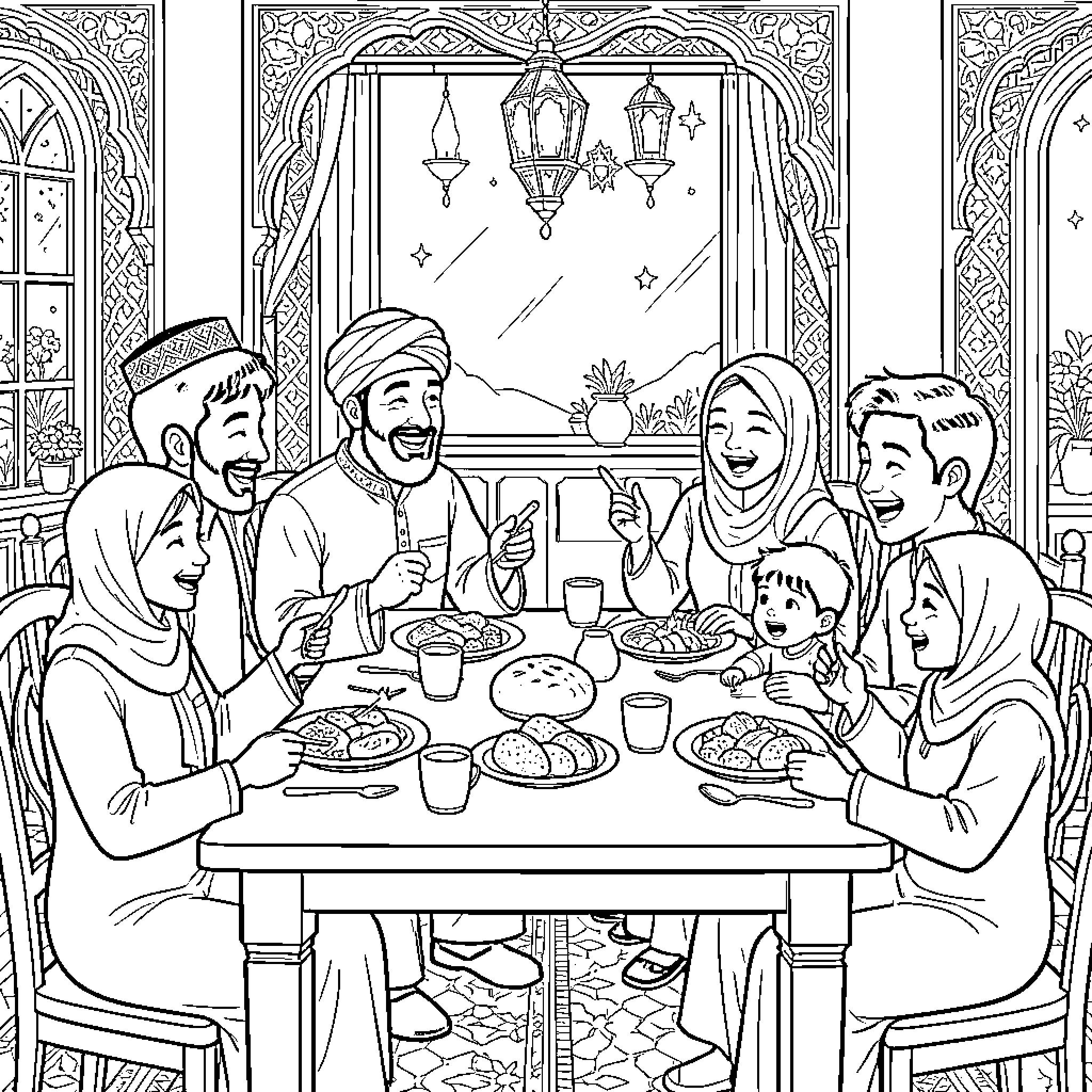 Family Gathering and Meal Sharing Coloring Page (free black-and-white line drawing printable PDF for all, from beginners to advanced learners, including children, teens, adults, and seniors)