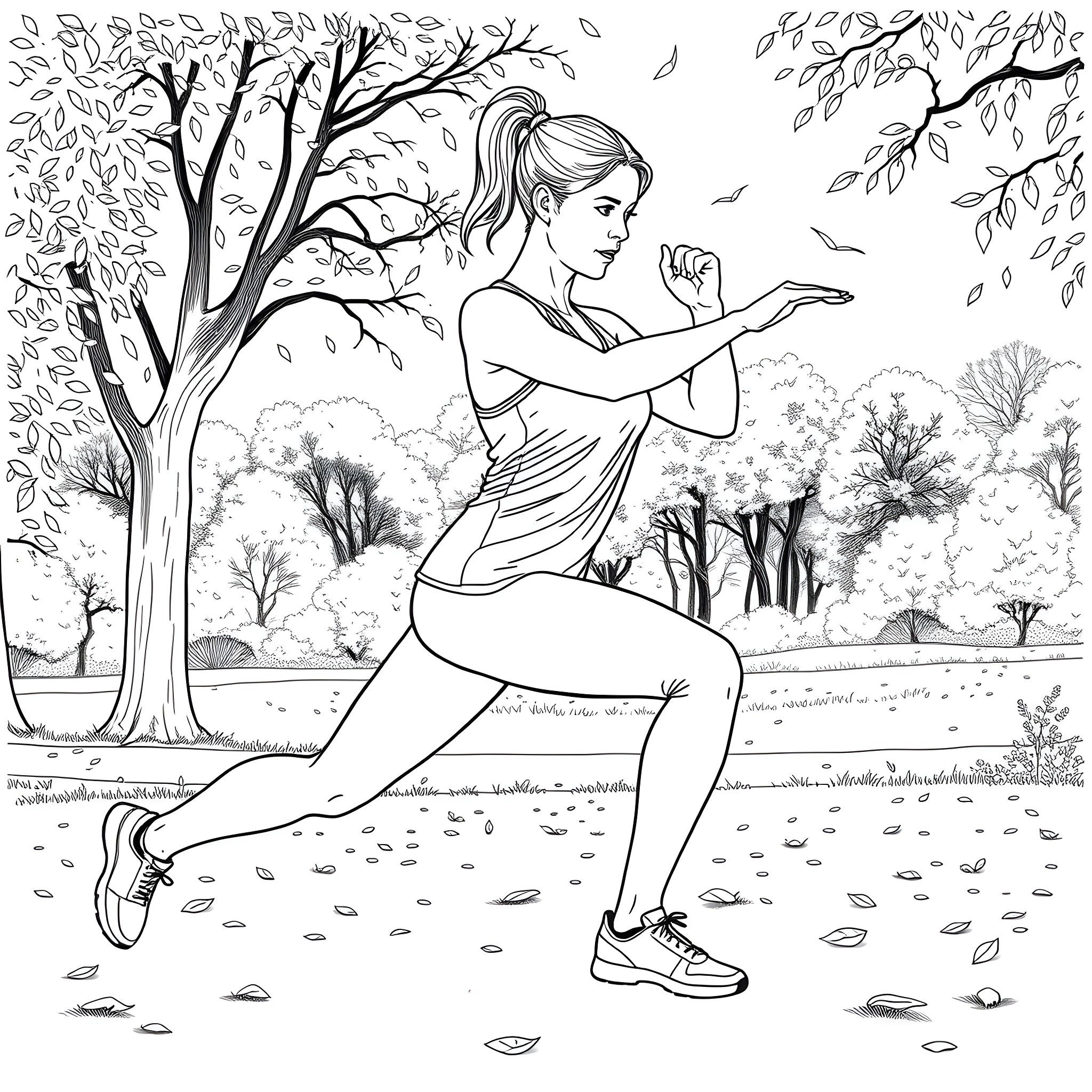 Woman stretching outdoors in a peaceful forest scene Coloring Page (free black-and-white line drawing printable PDF for all, from beginners to advanced learners, including children, teens, adults, and seniors)