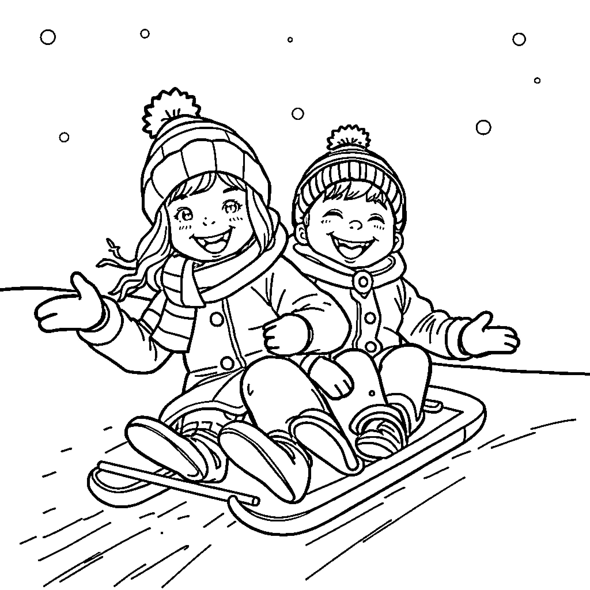 Sledding down a snowy hill with friends Coloring Page (free black-and-white line drawing printable PDF for all, from beginners to advanced learners, including children, teens, adults, and seniors)