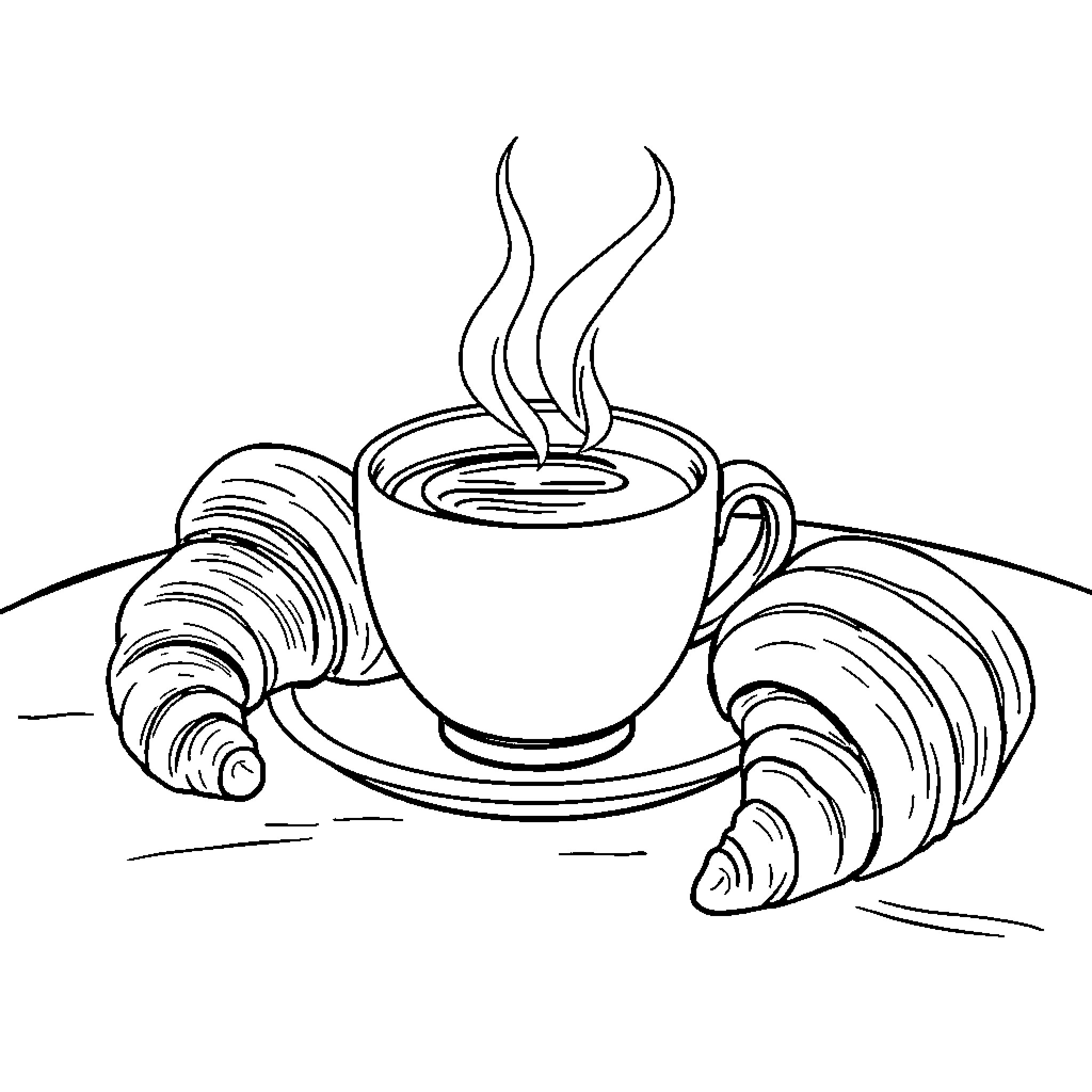 Coffee and Croissants Delight Coloring Page (free black-and-white line drawing printable PDF for all, from beginners to advanced learners, including children, teens, adults, and seniors)