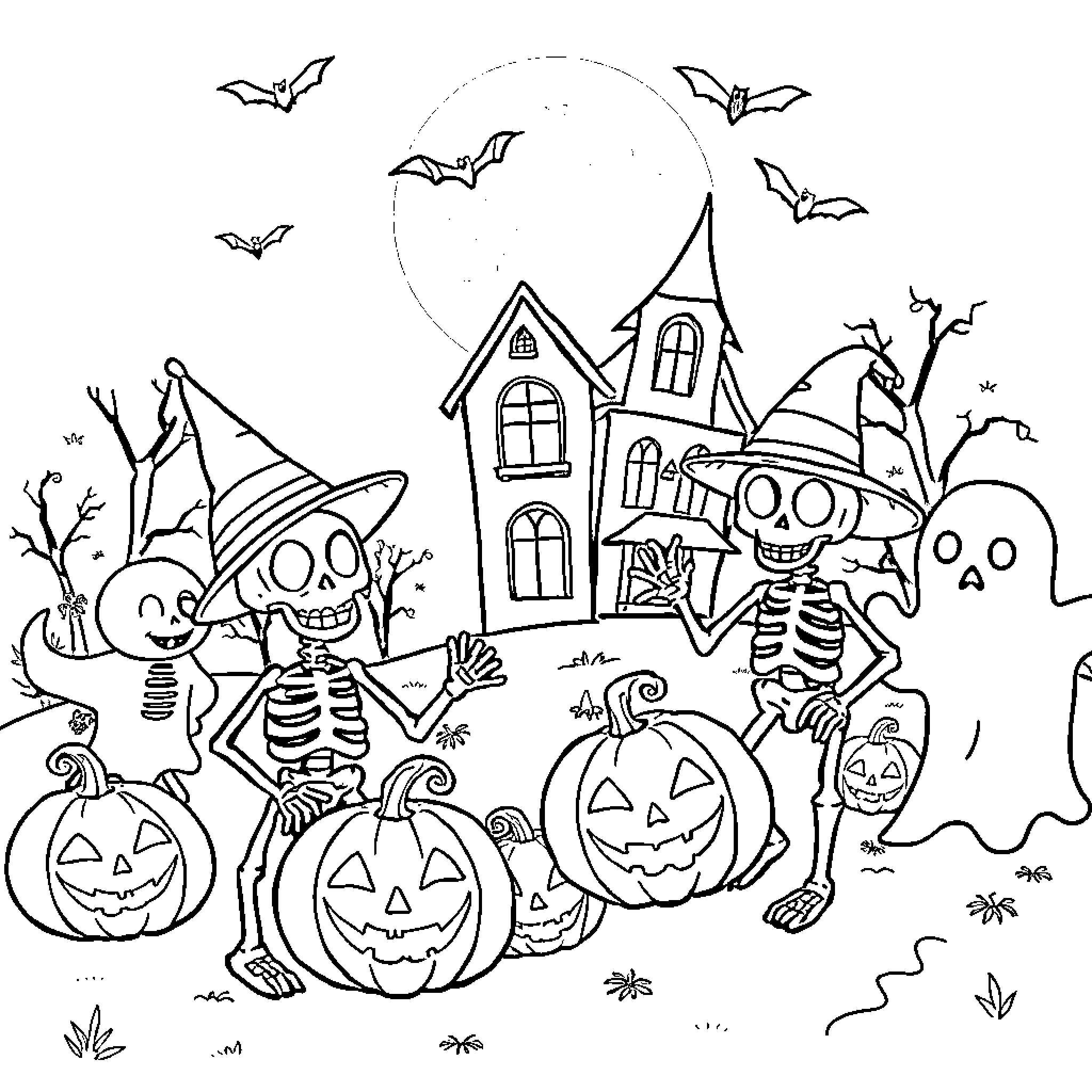 Halloween haunted house with festive skeletons and pumpkins Coloring Page (free black-and-white line drawing printable PDF for all, from beginners to advanced learners, including children, teens, adults, and seniors)