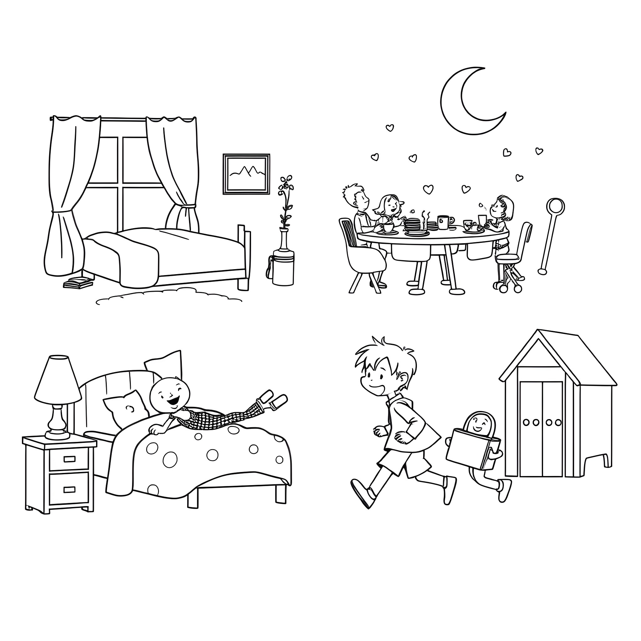 Bing Scenes of Daily Life in Black and White Coloring Page (free black-and-white line drawing printable PDF for all, from beginners to advanced learners, including children, teens, adults, and seniors)