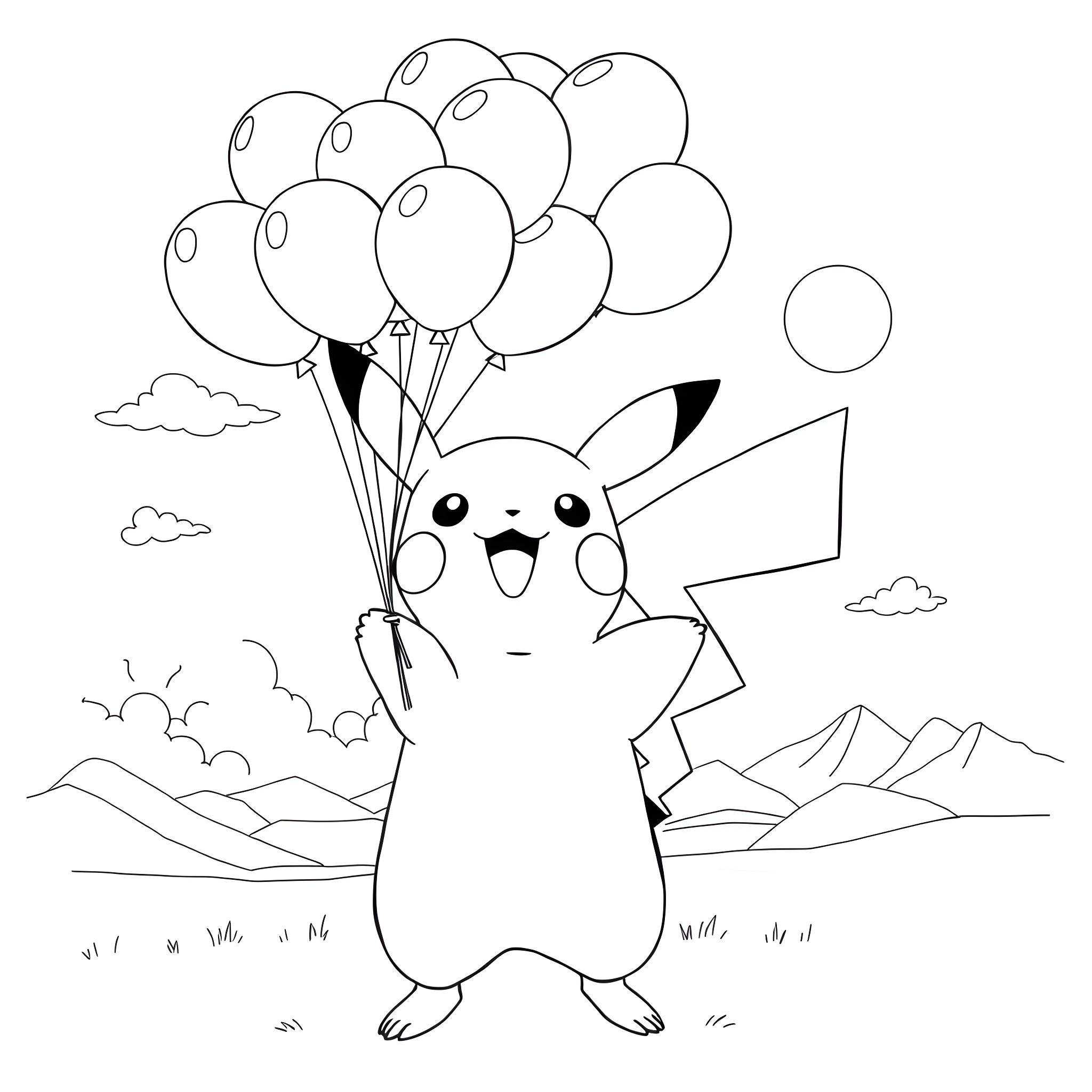 Pikachu playing with balloons in the mountains Coloring Page (free black-and-white line drawing printable PDF for all, from beginners to advanced learners, including children, teens, adults, and seniors)