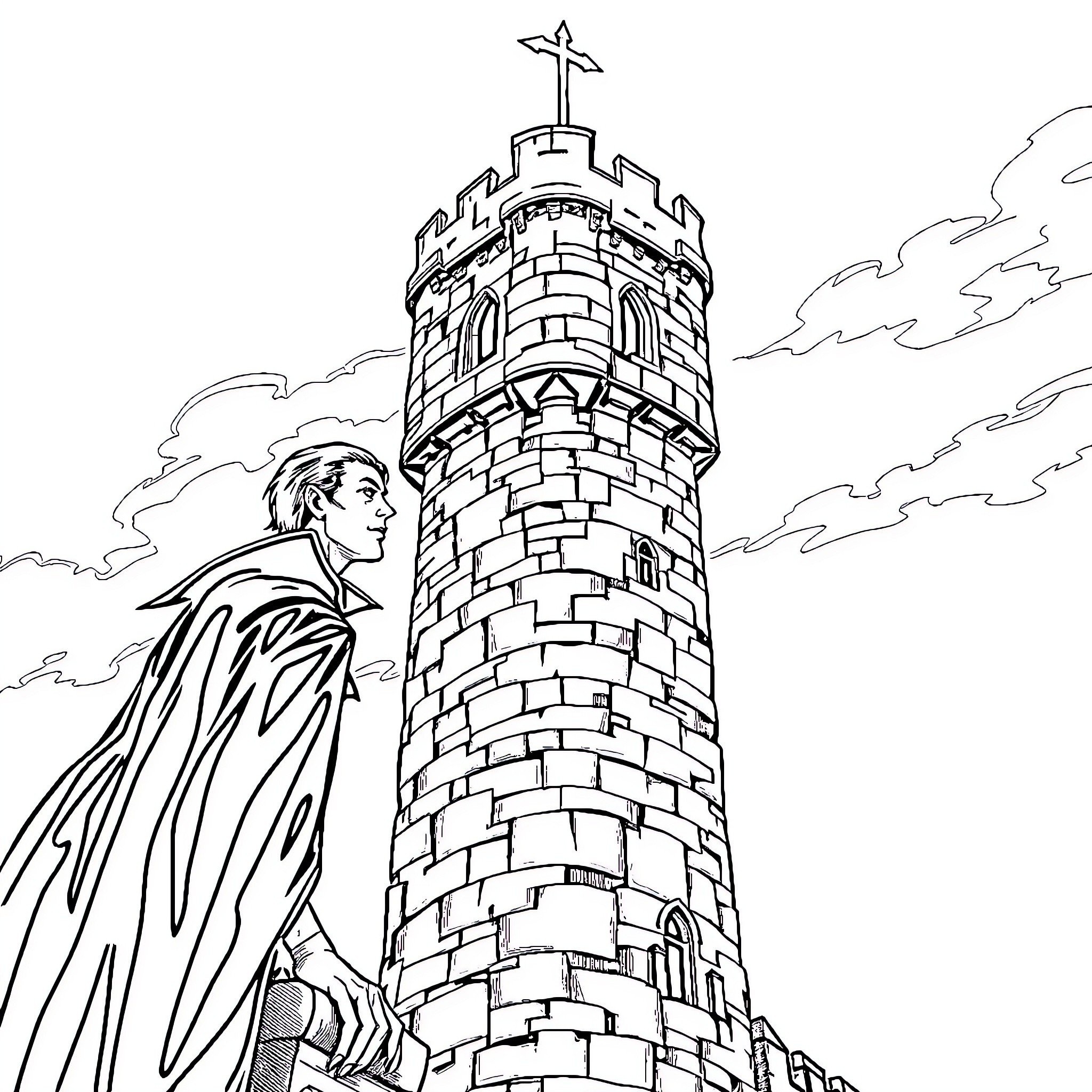 Vampire gazing upon a towering castle Coloring Page (free black-and-white line drawing printable PDF for all, from beginners to advanced learners, including children, teens, adults, and seniors)