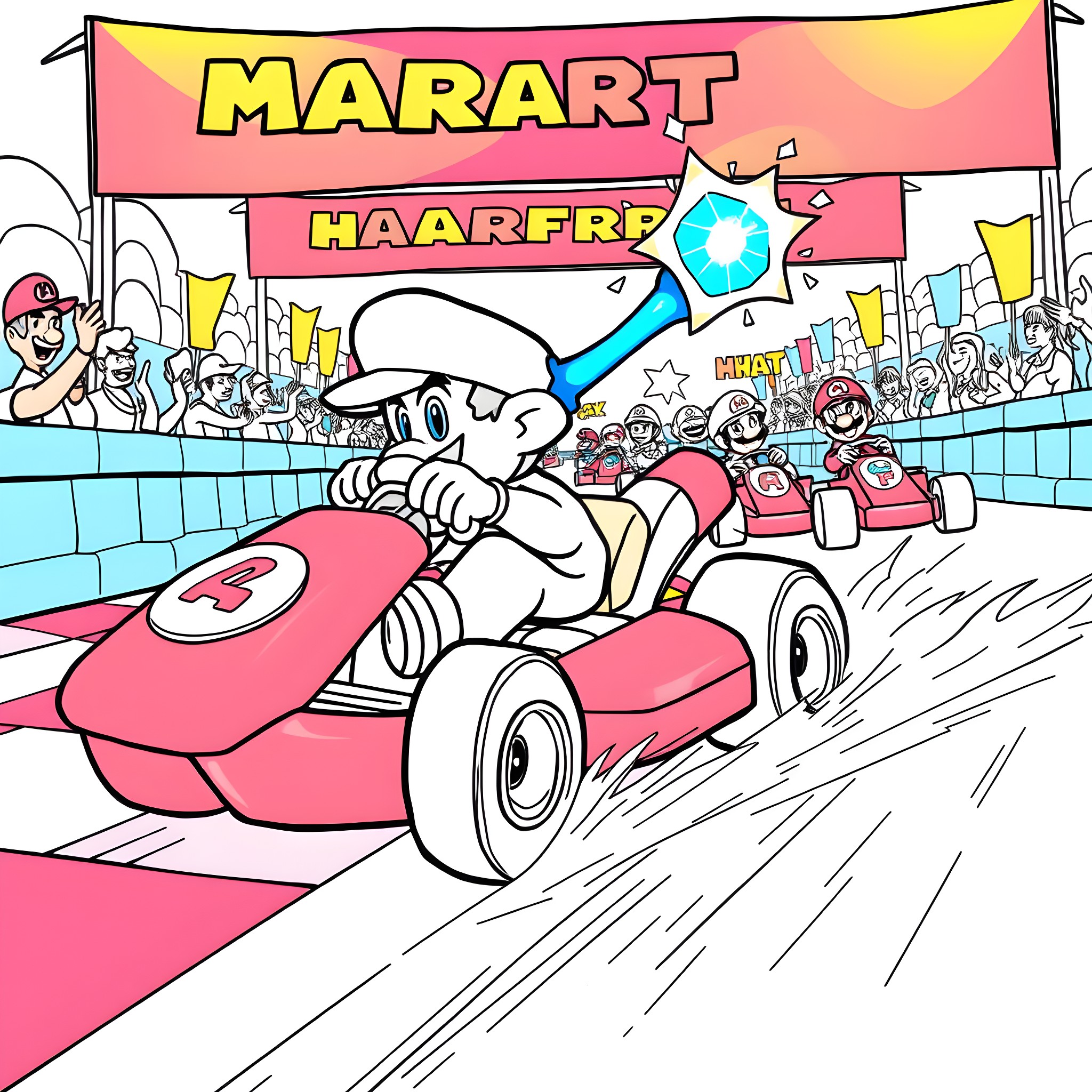 Mario Kart racers speeding through a lively carnival Coloring Page (free black-and-white line drawing printable PDF for all, from beginners to advanced learners, including children, teens, adults, and seniors)