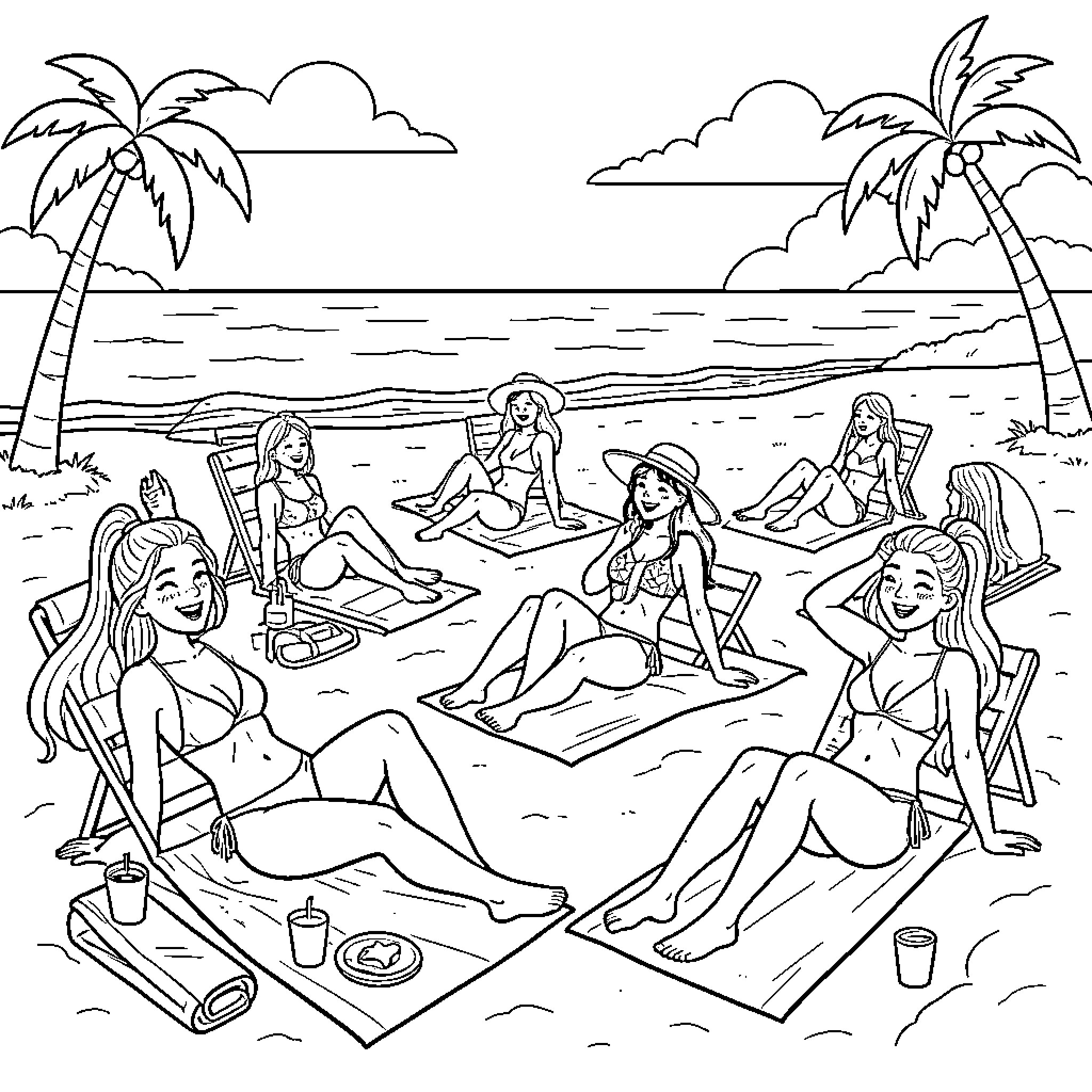 Girls relaxing on the beach under palm trees Coloring Page (free black-and-white line drawing printable PDF for all, from beginners to advanced learners, including children, teens, adults, and seniors)