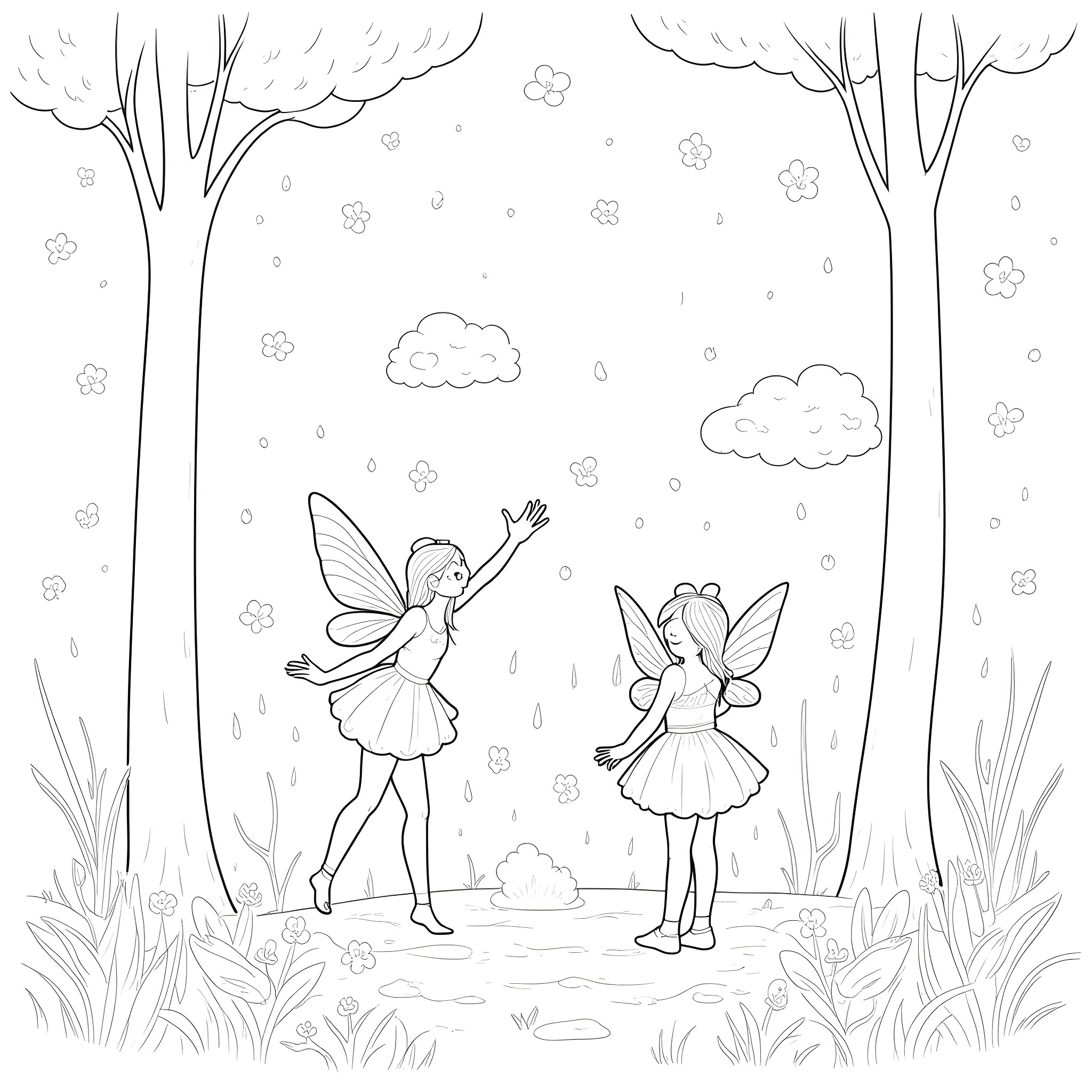 Fairy friends dancing in the forest Coloring Page (free black-and-white line drawing printable PDF for all, from beginners to advanced learners, including children, teens, adults, and seniors)