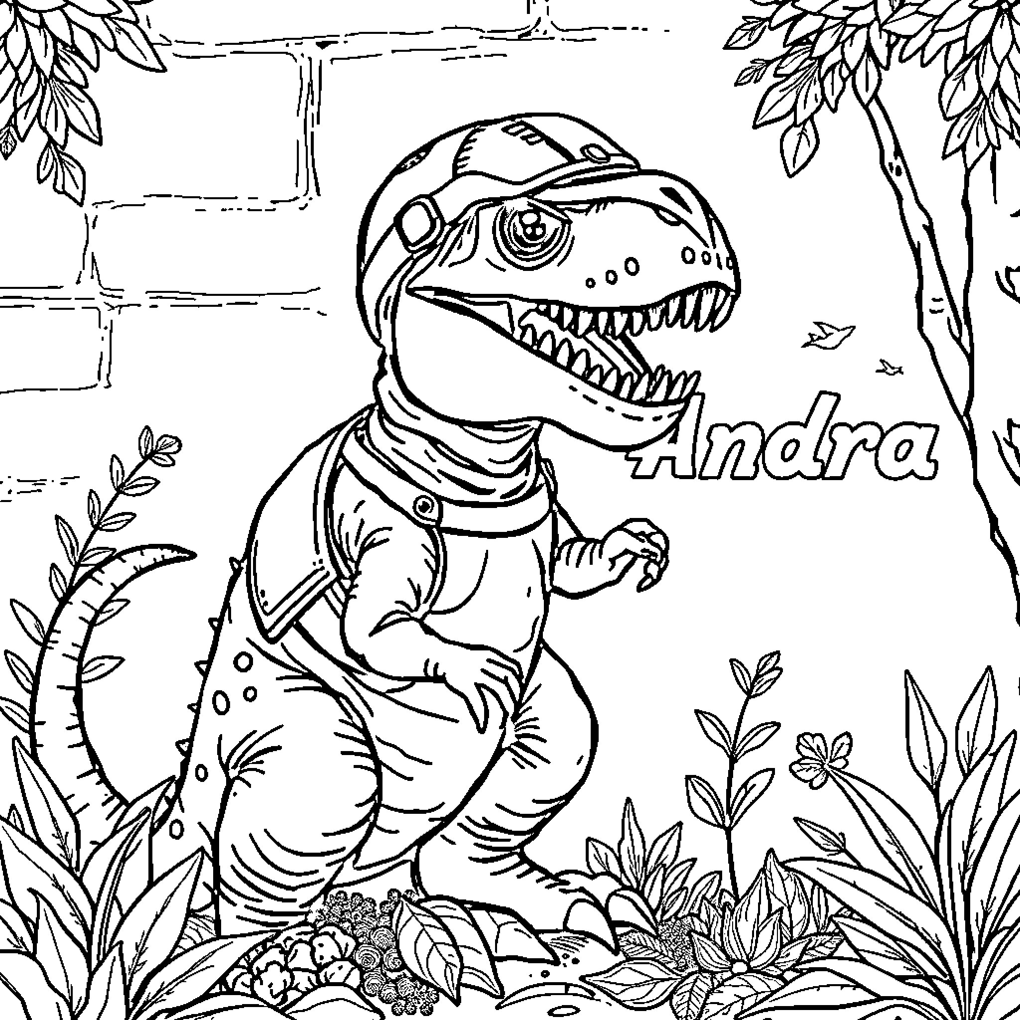 T-Rex Exploring the Lush Jungle Landscape Coloring Page (free black-and-white line drawing printable PDF for all, from beginners to advanced learners, including children, teens, adults, and seniors)