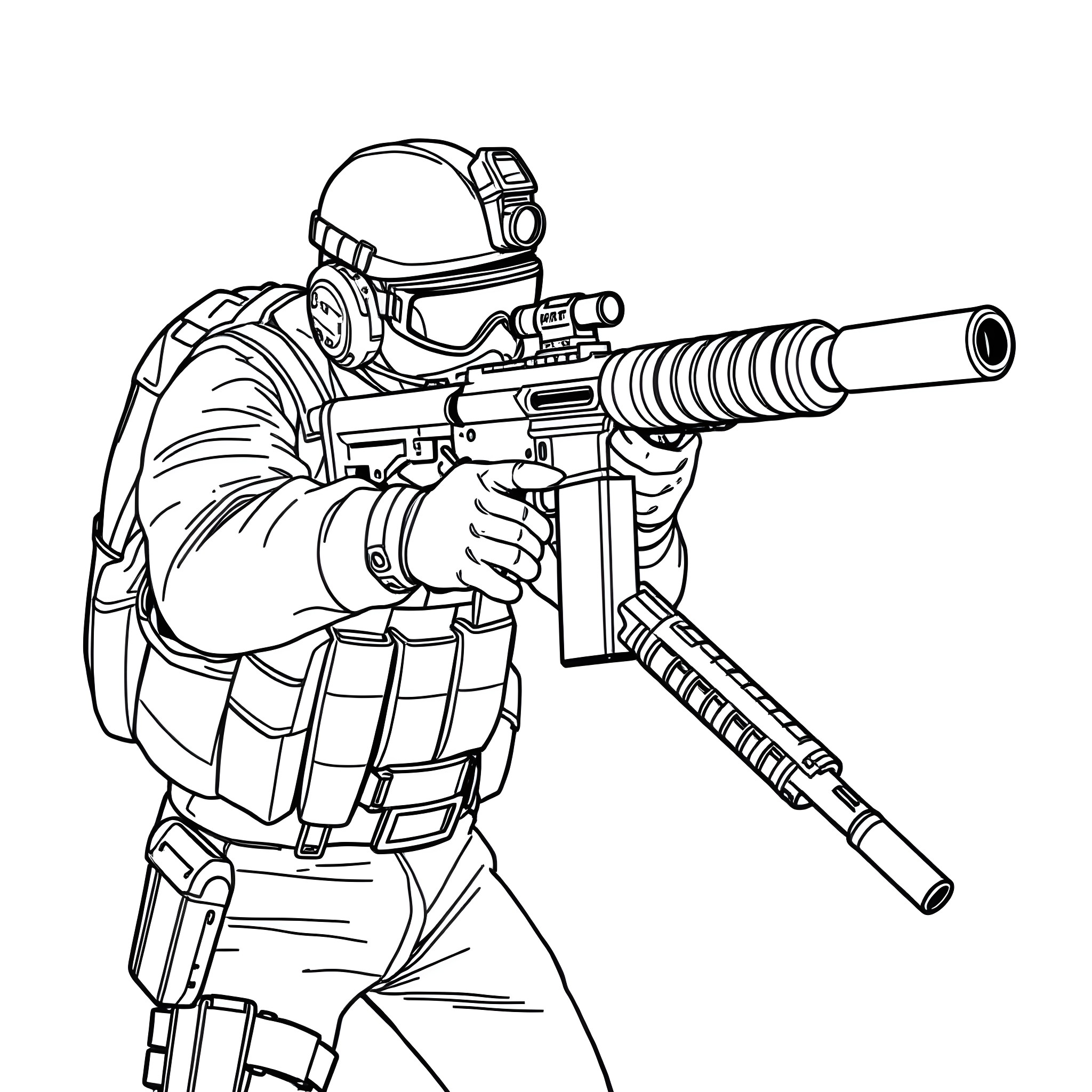 Navy SEAL soldier in tactical gear aiming rifle Coloring Page (free black-and-white line drawing printable PDF for all, from beginners to advanced learners, including children, teens, adults, and seniors)