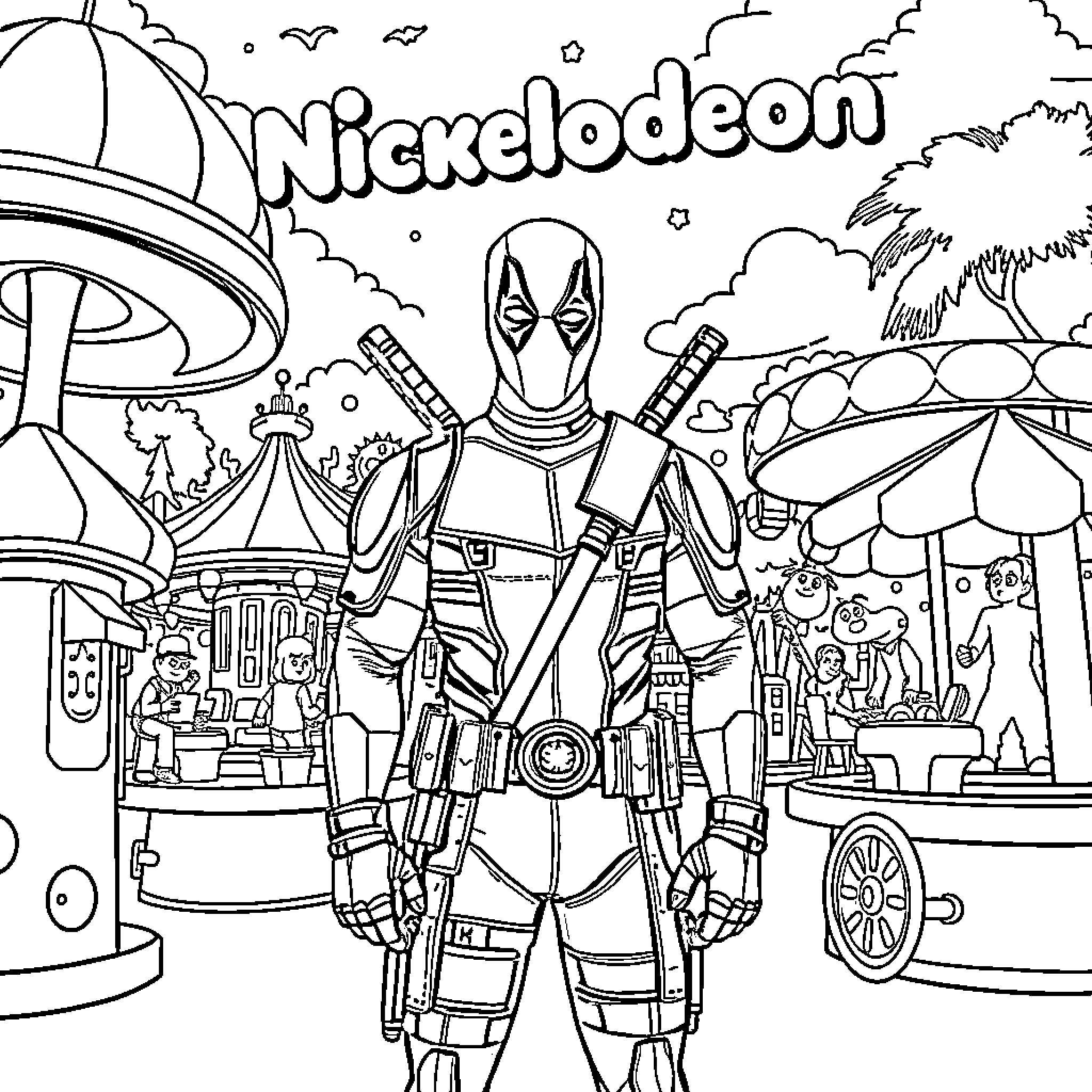 Deadpool's Zany Adventure in Nickelodeon Wonderland Coloring Page (free black-and-white line drawing printable PDF for all, from beginners to advanced learners, including children, teens, adults, and seniors)