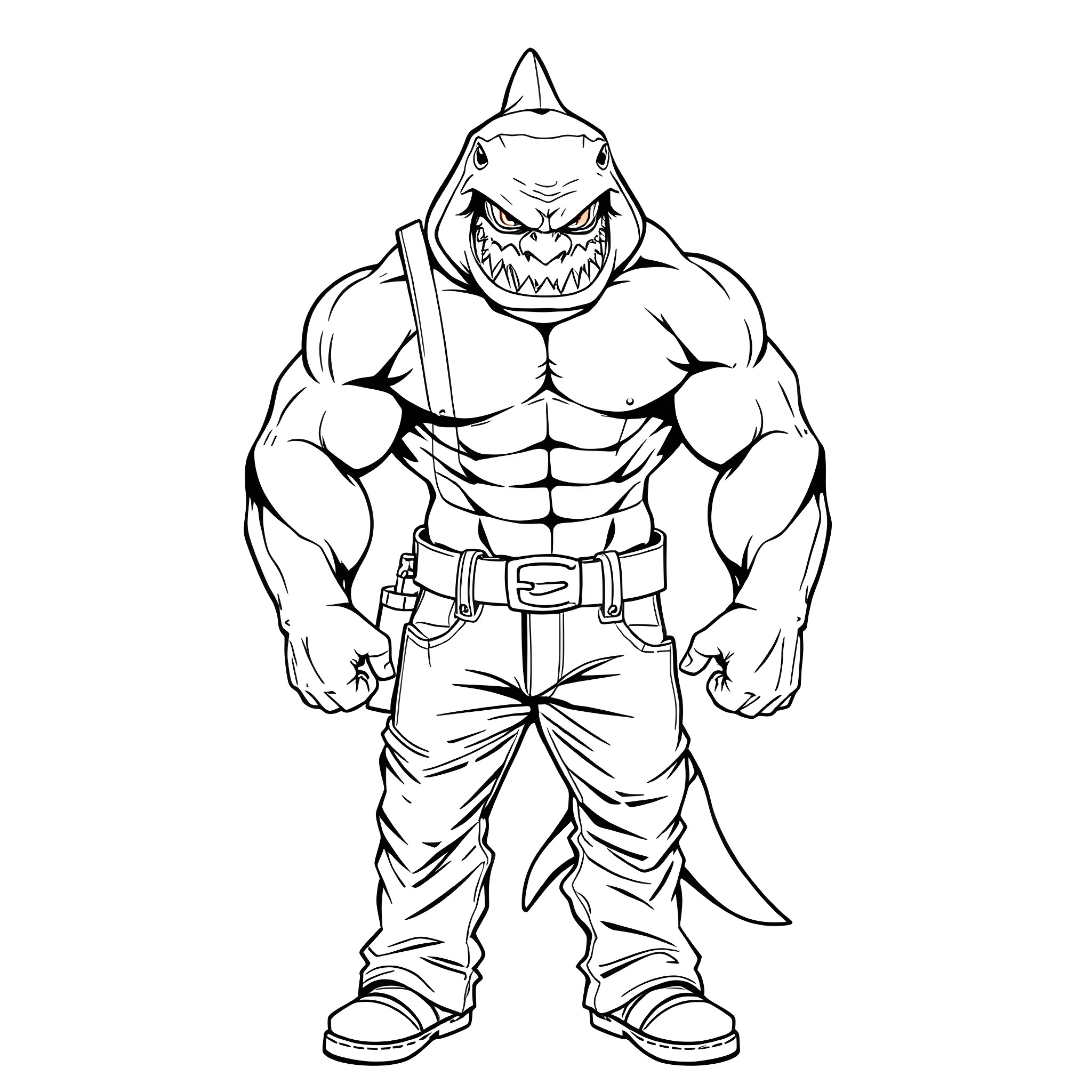 Shark-themed muscular character in aggressive pose Coloring Page (free black-and-white line drawing printable PDF for all, from beginners to advanced learners, including children, teens, adults, and seniors)
