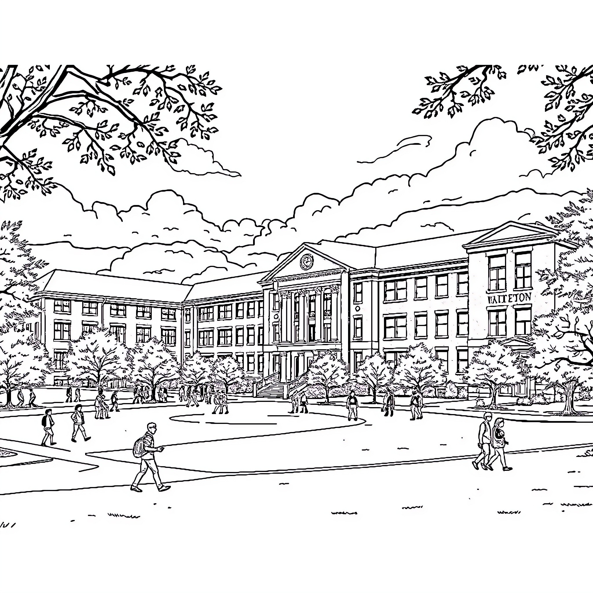 Tarleton State University campus scene with students Coloring Page (free black-and-white line drawing printable PDF for all, from beginners to advanced learners, including children, teens, adults, and seniors)