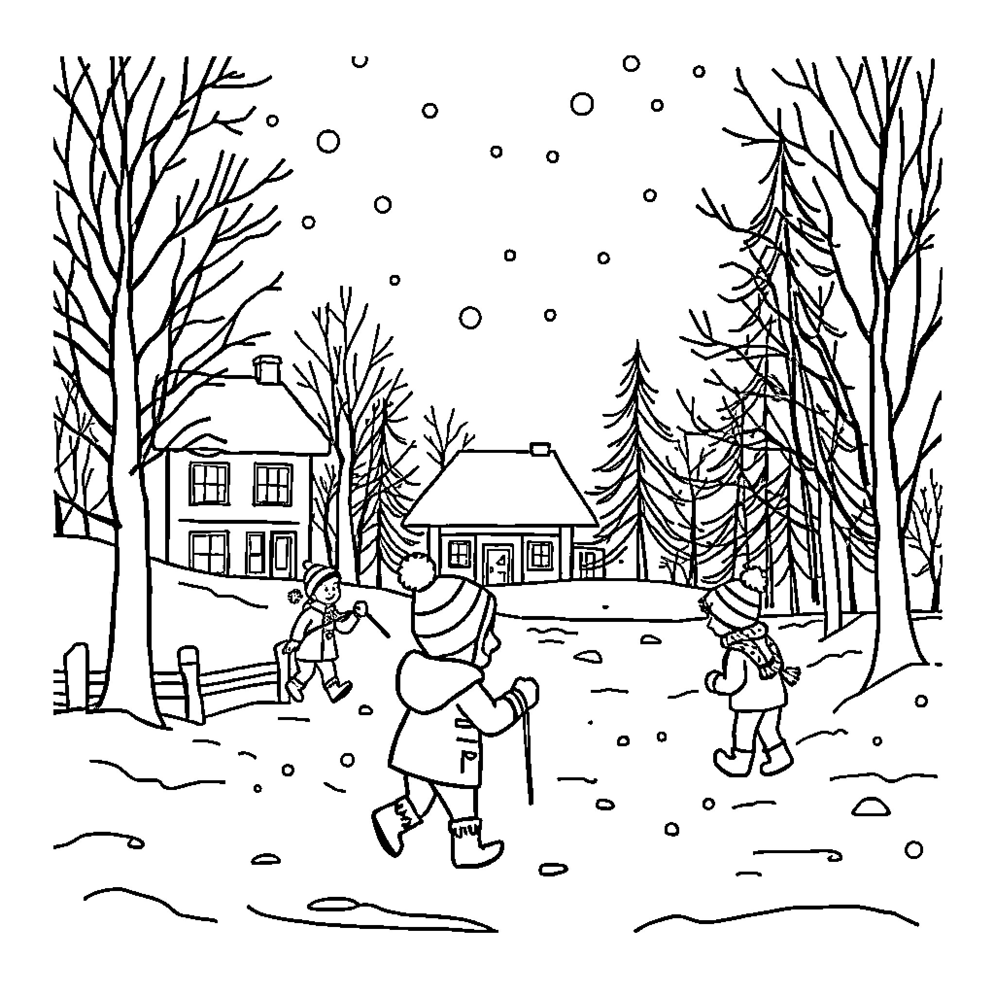 Winter fun in the snowy village Coloring Page (free black-and-white line drawing printable PDF for all, from beginners to advanced learners, including children, teens, adults, and seniors)