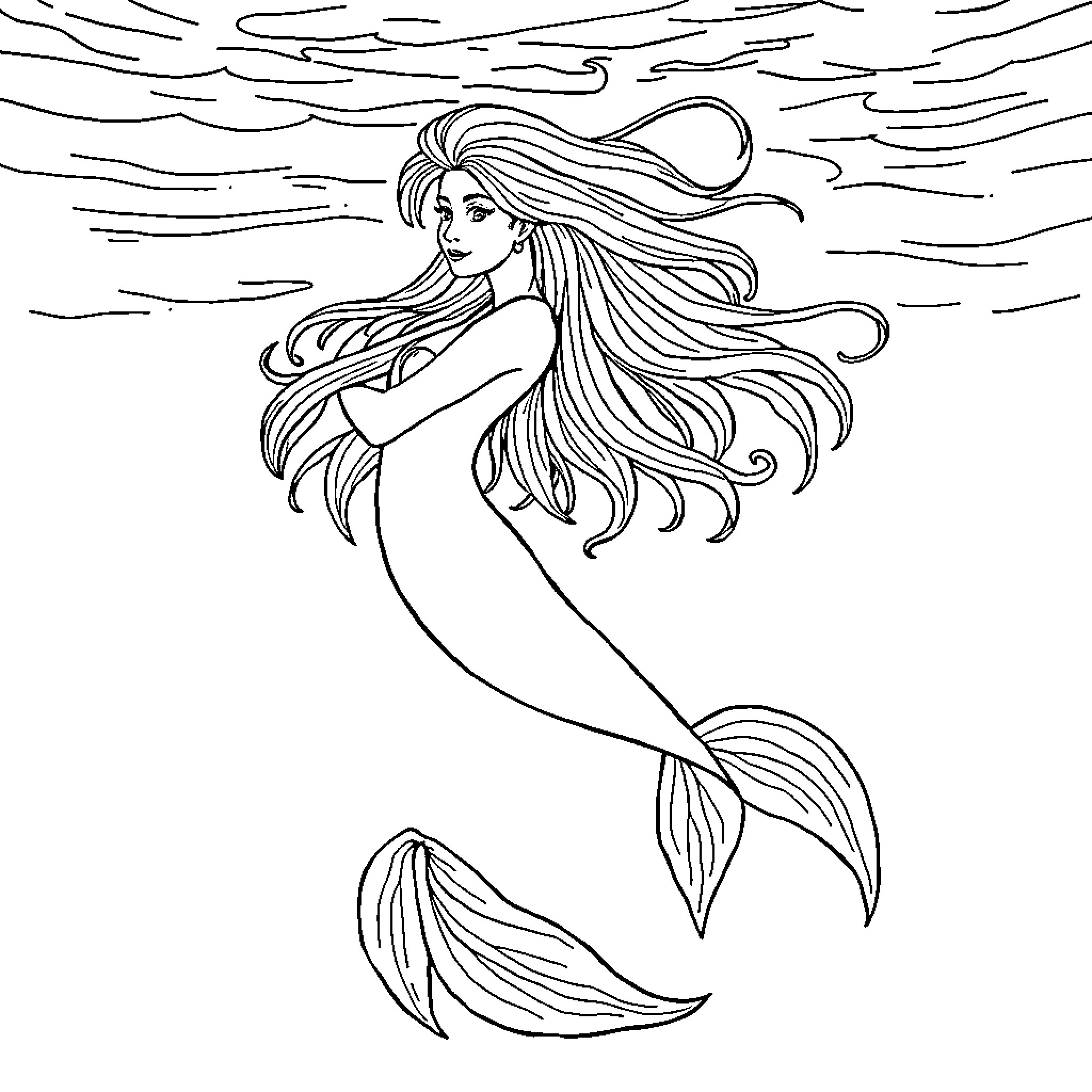 Siren swimming gracefully in the ocean Coloring Page (free black-and-white line drawing printable PDF for all, from beginners to advanced learners, including children, teens, adults, and seniors)