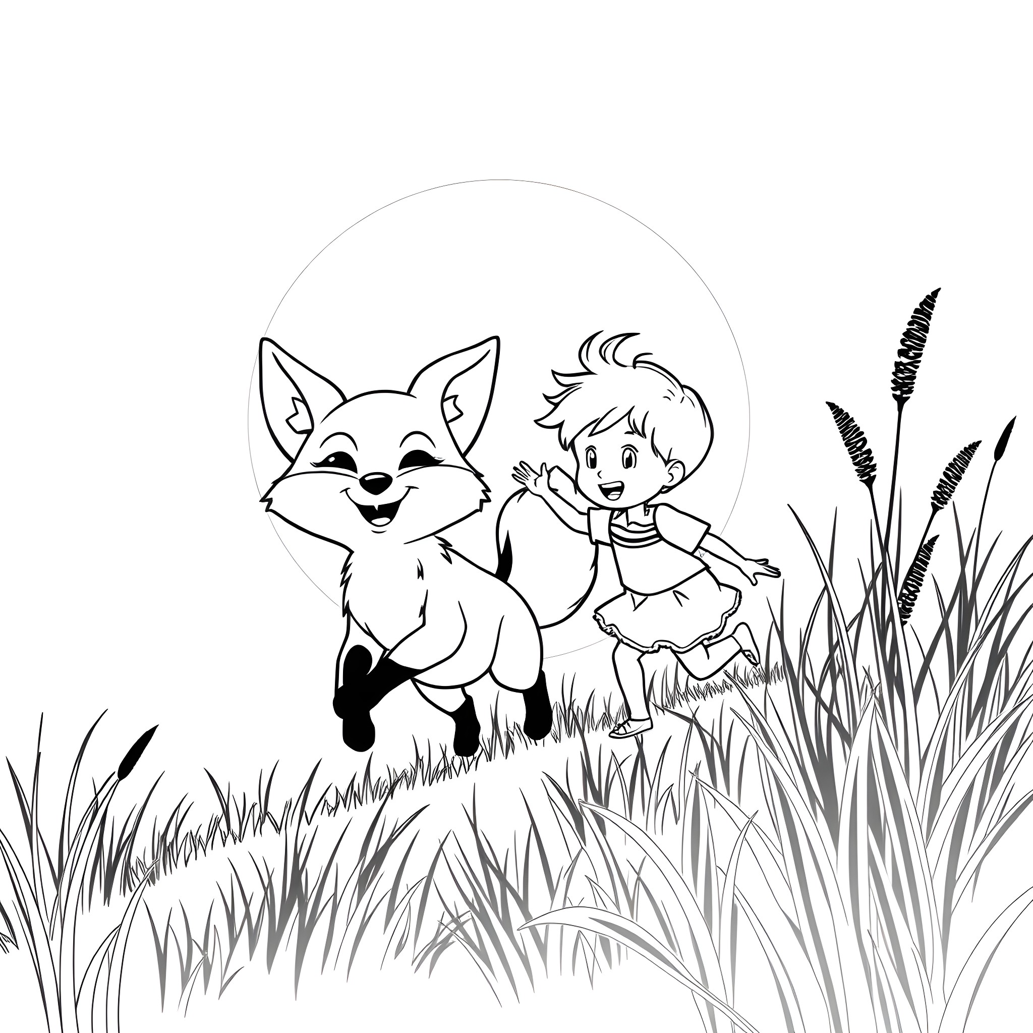 Fox and child playing in the meadow Coloring Page (free black-and-white line drawing printable PDF for all, from beginners to advanced learners, including children, teens, adults, and seniors)