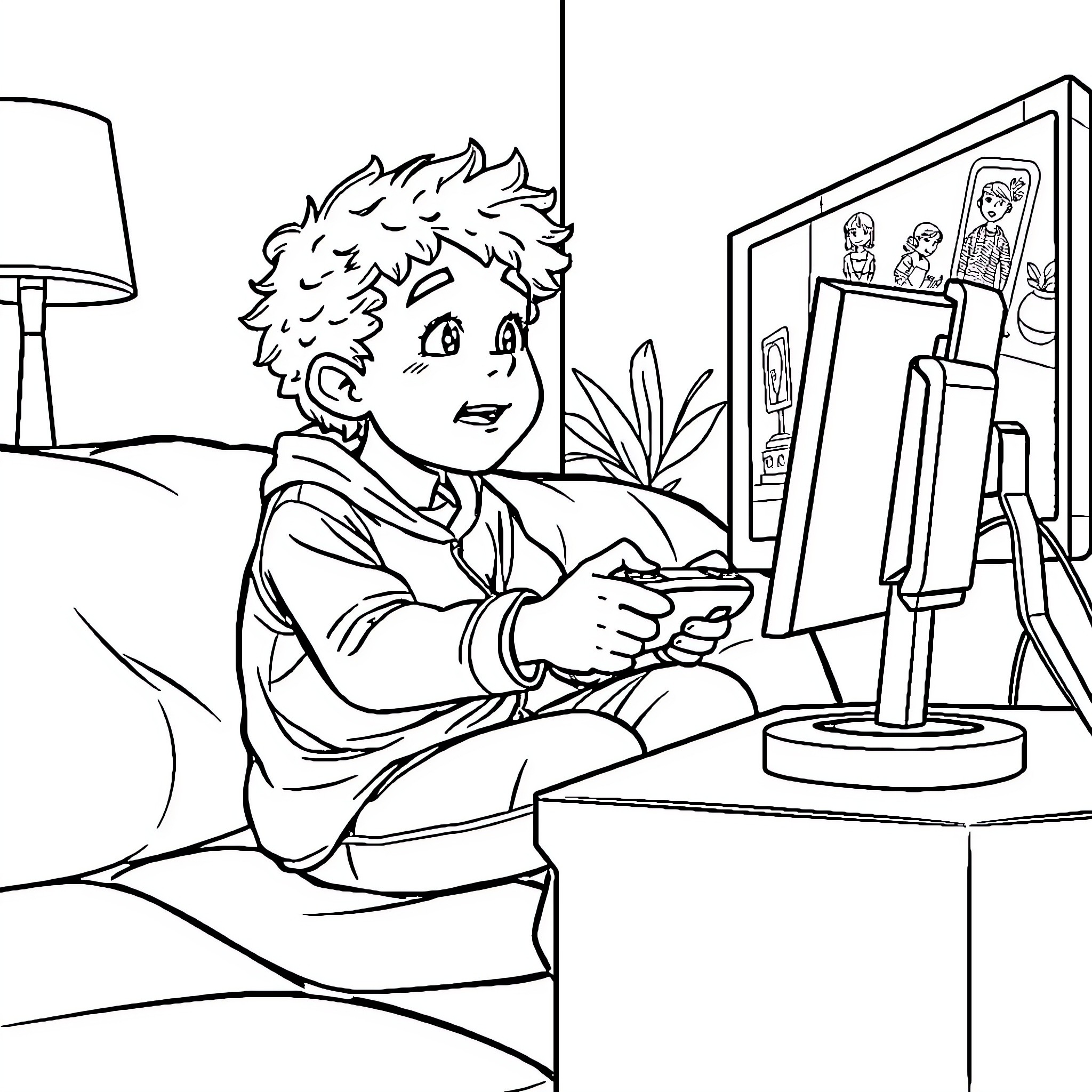 Boy playing video game in his room Coloring Page (free black-and-white line drawing printable PDF for all, from beginners to advanced learners, including children, teens, adults, and seniors)