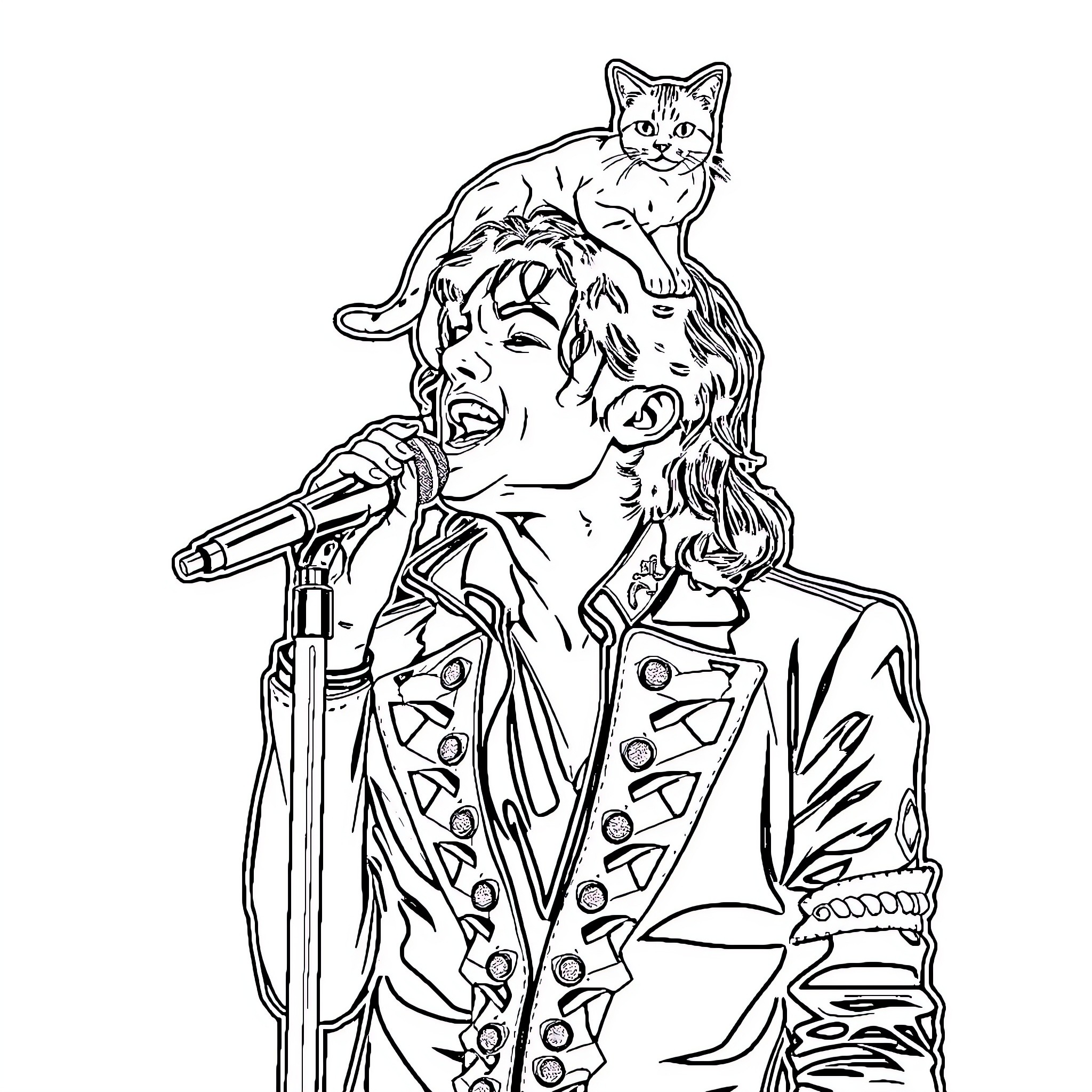 Michael Jackson performing on stage with cat Coloring Page (free black-and-white line drawing printable PDF for all, from beginners to advanced learners, including children, teens, adults, and seniors)