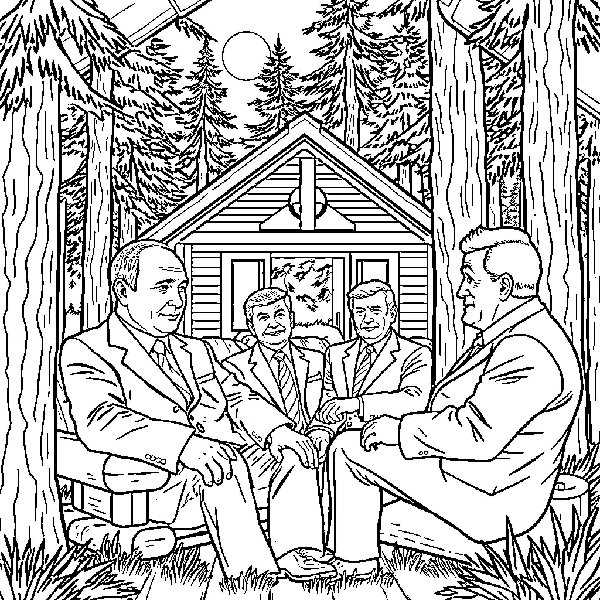 Putin and politicians in a forest cabin meeting Coloring Page (free black-and-white line drawing printable PDF for all, from beginners to advanced learners, including children, teens, adults, and seniors)