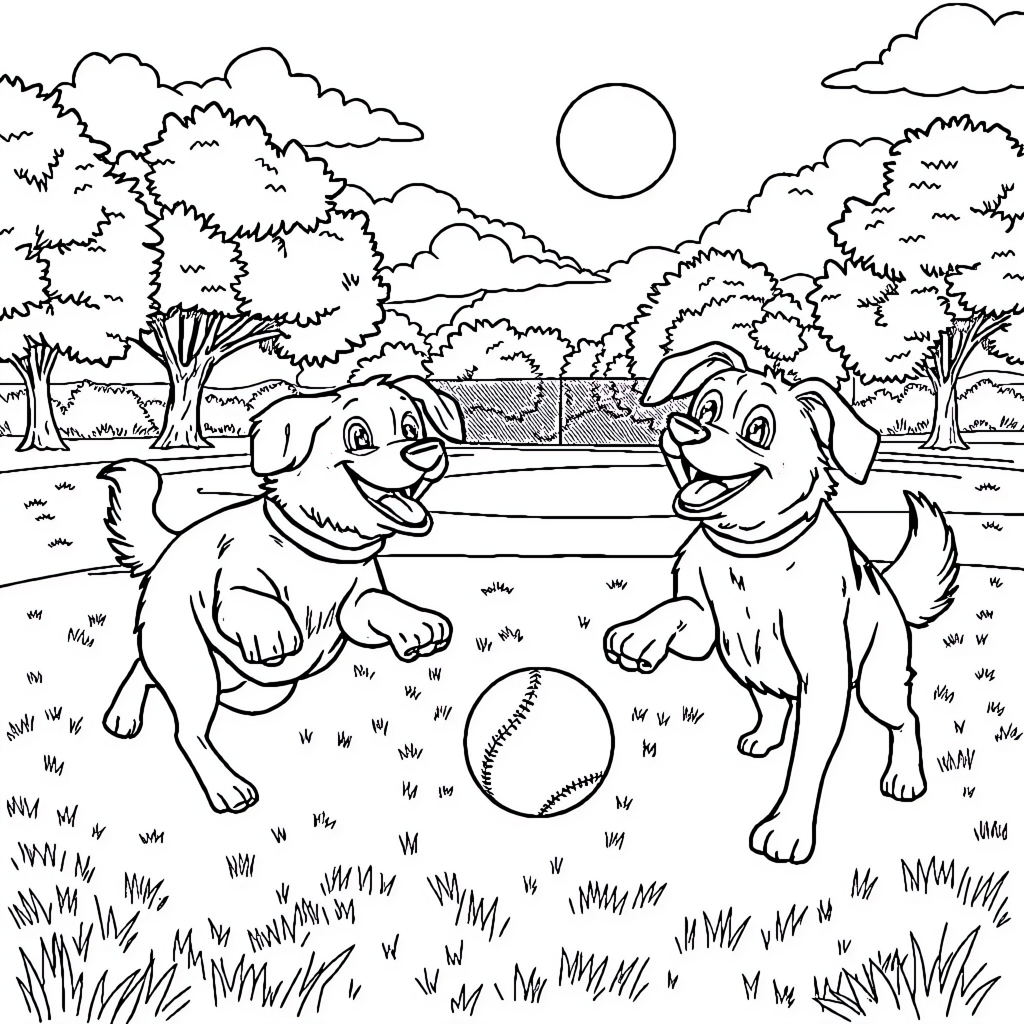 Dogs playing with a ball in the park Coloring Page (free black-and-white line drawing printable PDF for all, from beginners to advanced learners, including children, teens, adults, and seniors)