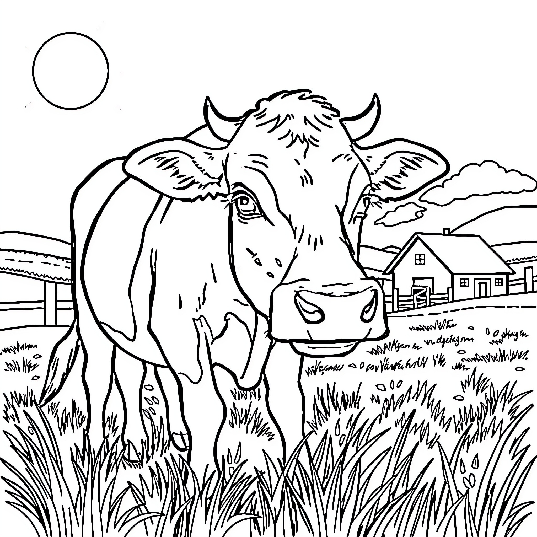 Cow grazing peacefully in a rural landscape Coloring Page (free black-and-white line drawing printable PDF for all, from beginners to advanced learners, including children, teens, adults, and seniors)