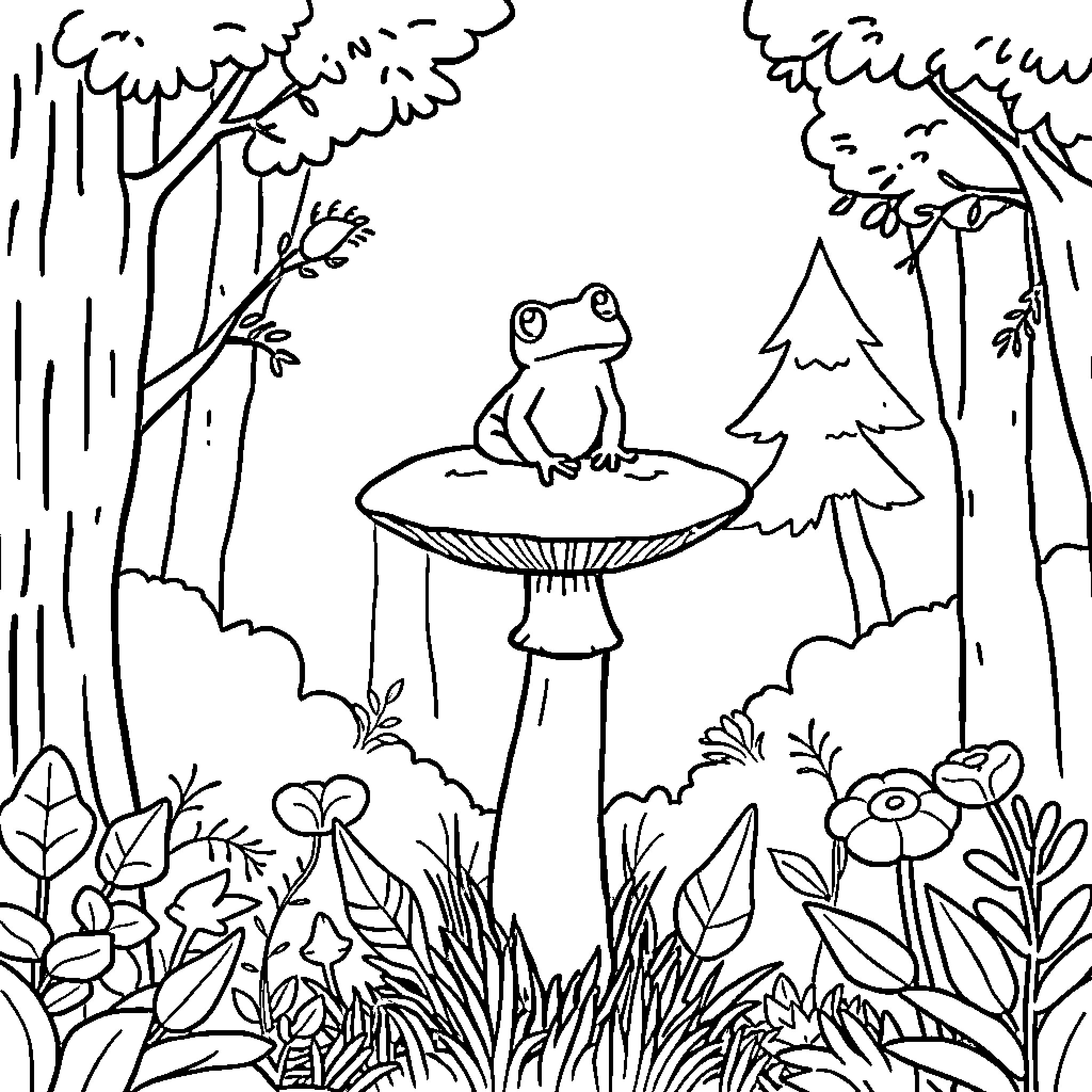 Frog resting on a mushroom in a forest scene Coloring Page (free black-and-white line drawing printable PDF for all, from beginners to advanced learners, including children, teens, adults, and seniors)