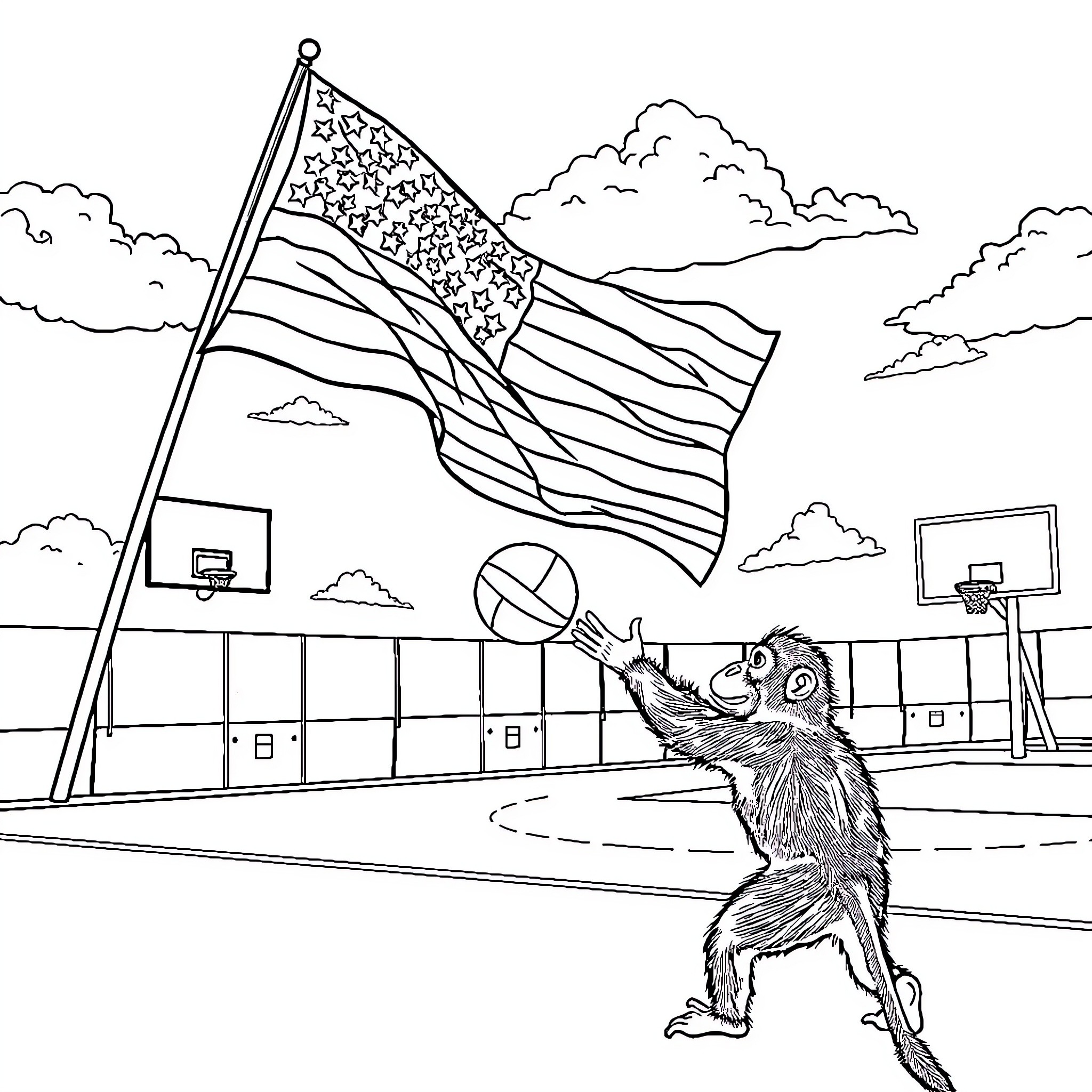 American Flag Waving Proudly on Outdoor Basketball Court Coloring Page (free black-and-white line drawing printable PDF for all, from beginners to advanced learners, including children, teens, adults, and seniors)