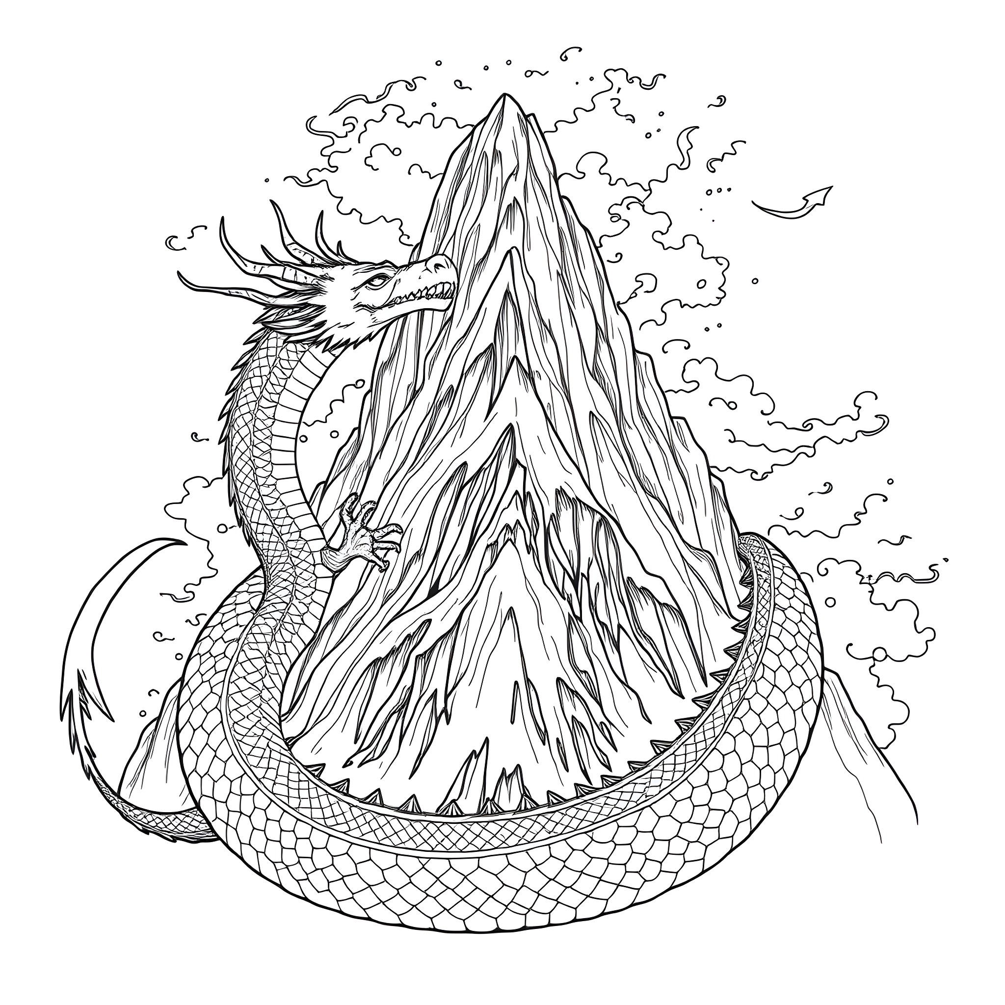 Dragon Soaring Above Majestic Mountains Coloring Page (free black-and-white line drawing printable PDF for all, from beginners to advanced learners, including children, teens, adults, and seniors)