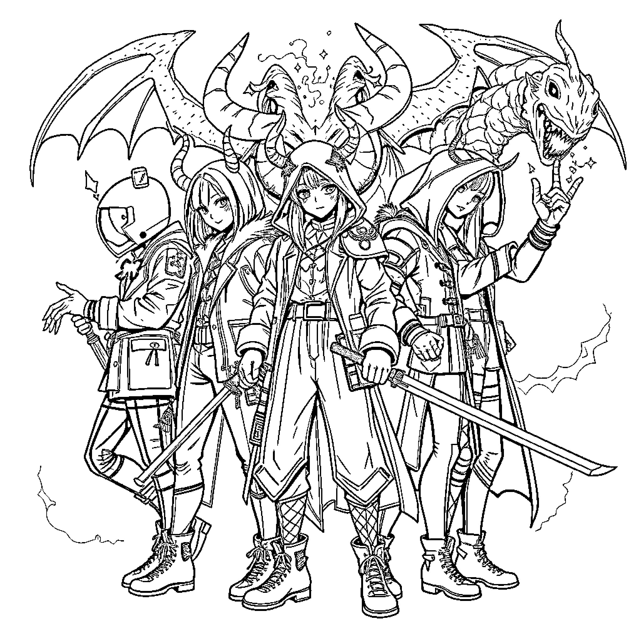 Demon Hunter Trio Battling Fearsome Creatures Coloring Page (free black-and-white line drawing printable PDF for all, from beginners to advanced learners, including children, teens, adults, and seniors)