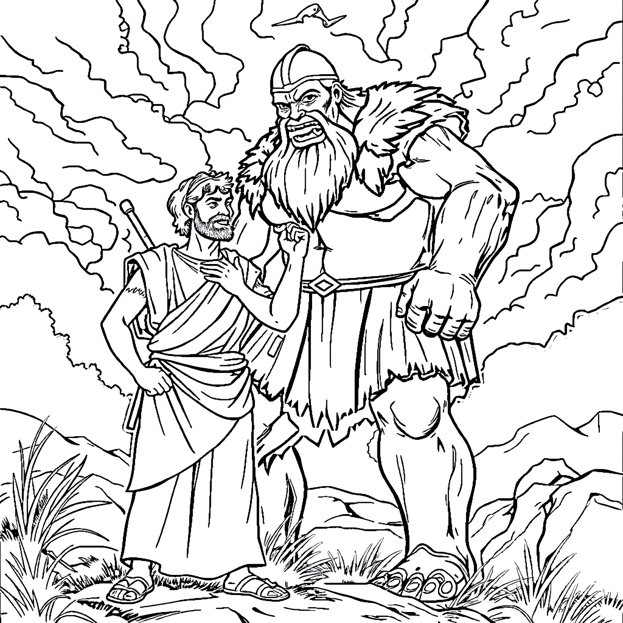 David and Goliath: The Victorious Encounter Coloring Page (free black-and-white line drawing printable PDF for all, from beginners to advanced learners, including children, teens, adults, and seniors)