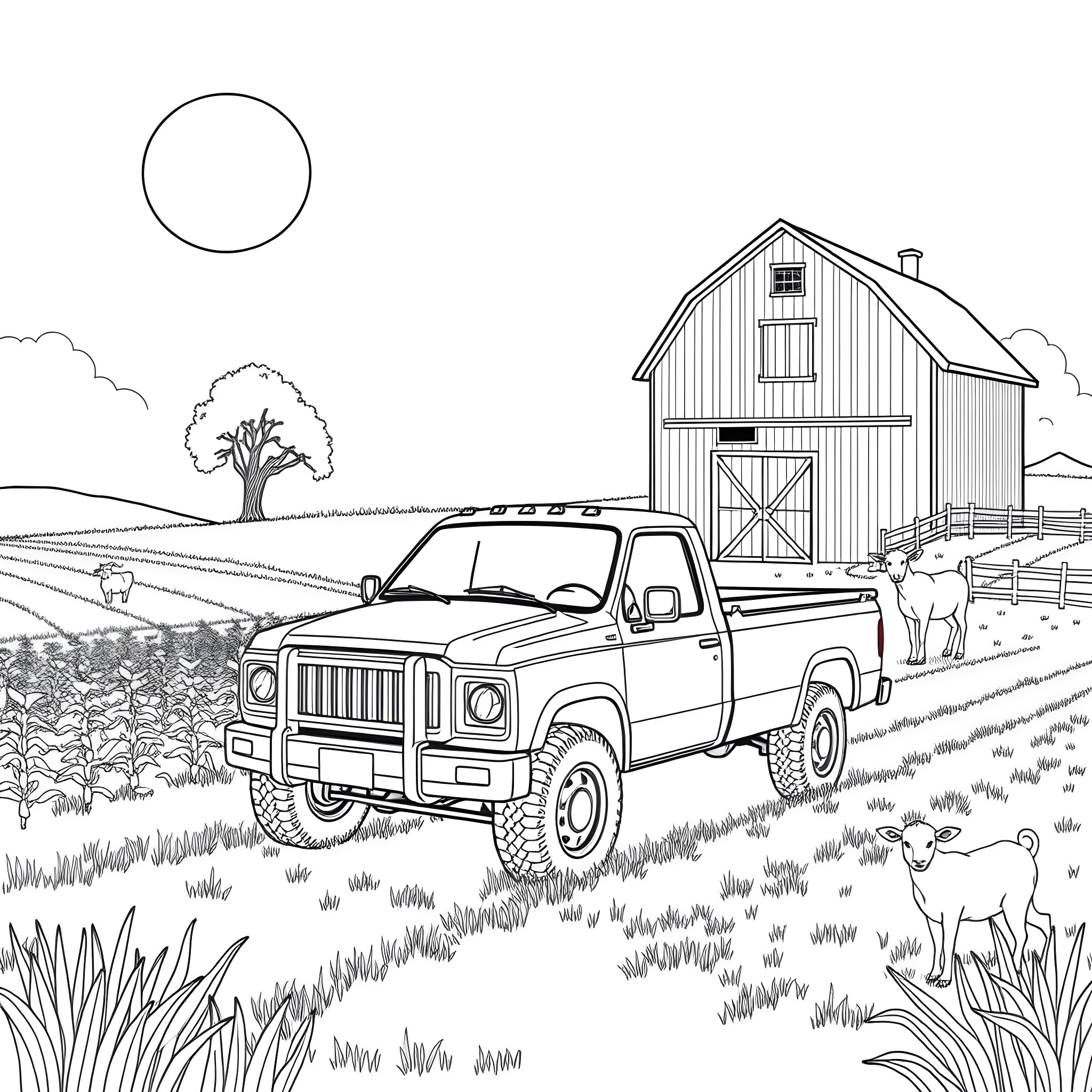 Pickup Truck Driving on Rural Road with Barn Coloring Page (free black-and-white line drawing printable PDF for all, from beginners to advanced learners, including children, teens, adults, and seniors)