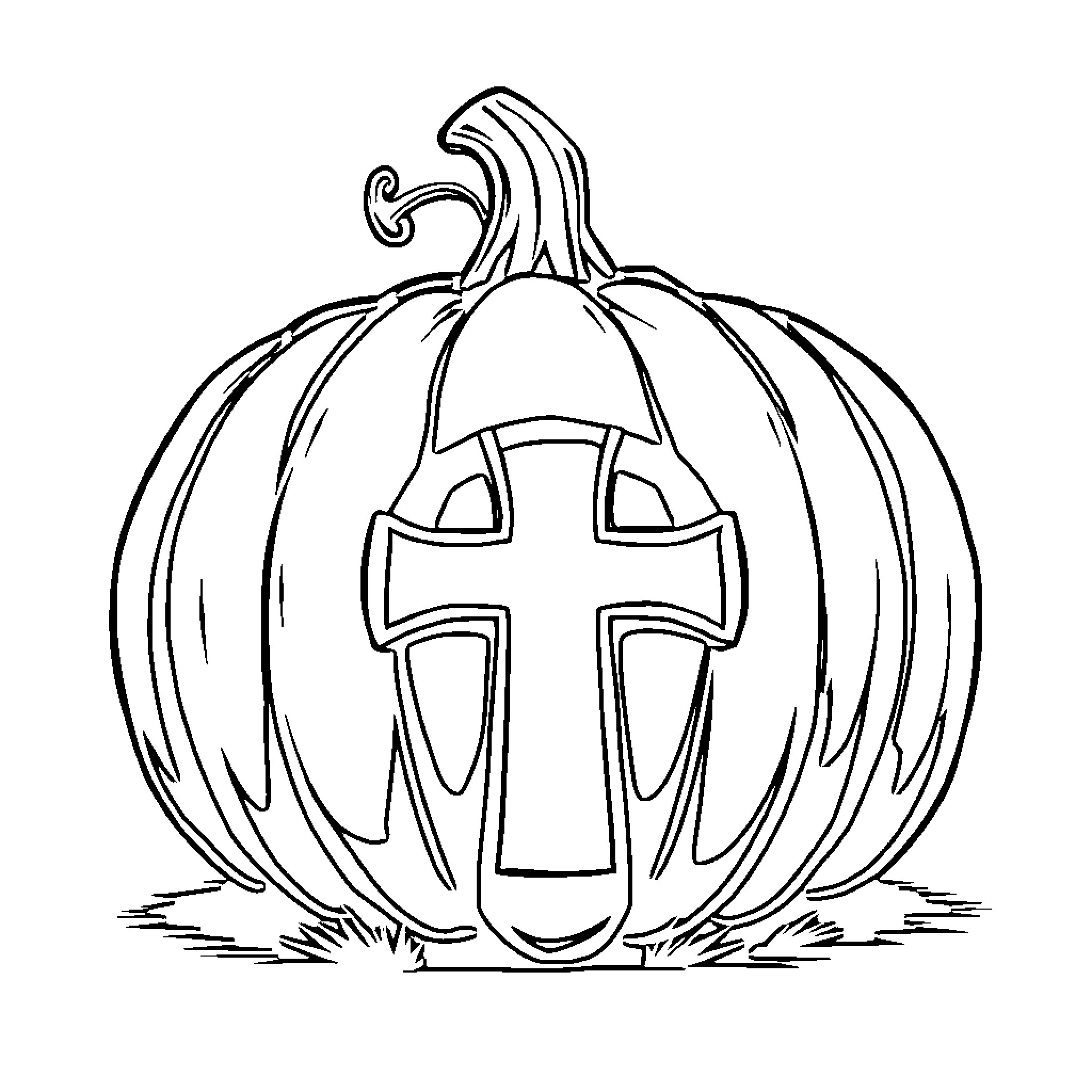 Pumpkin with Cross Carved on Its Surface Coloring Page (free black-and-white line drawing printable PDF for all, from beginners to advanced learners, including children, teens, adults, and seniors)