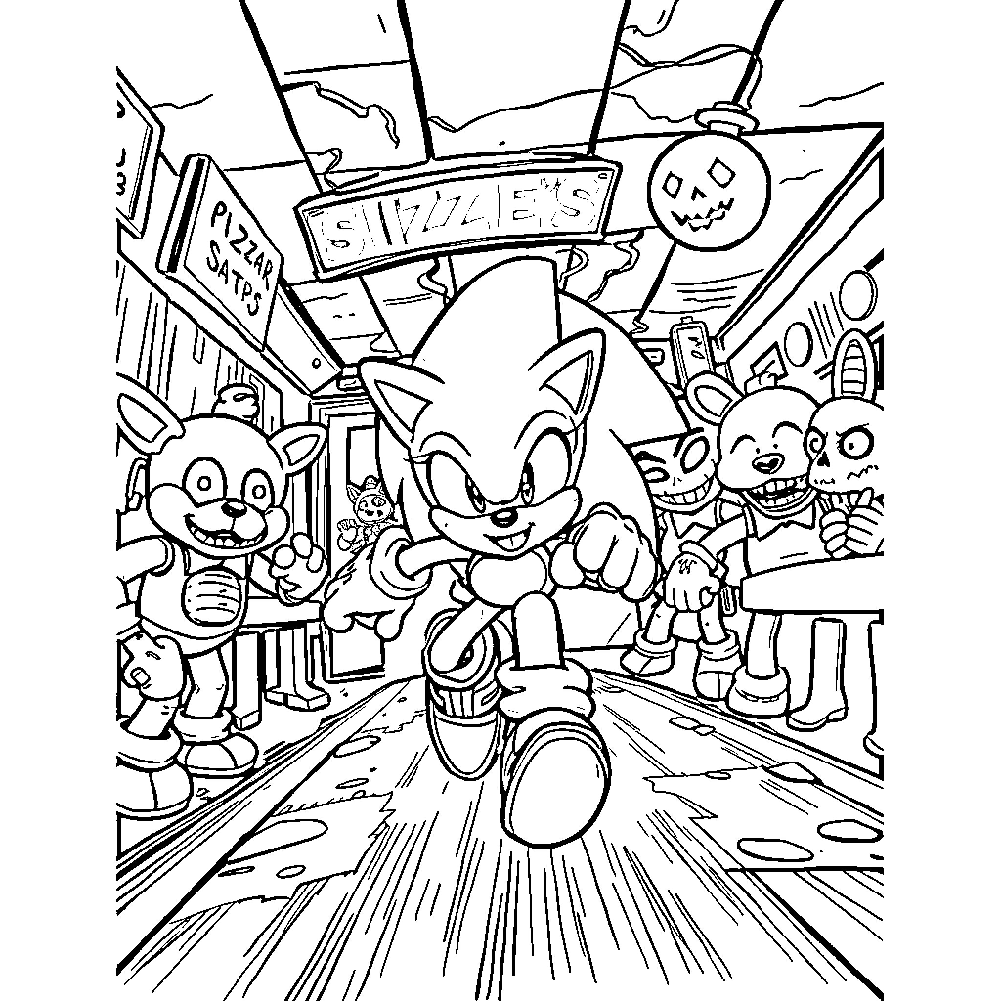 Sonic's Thrilling Adventure in a Lively Town Coloring Page (free black-and-white line drawing printable PDF for all, from beginners to advanced learners, including children, teens, adults, and seniors)