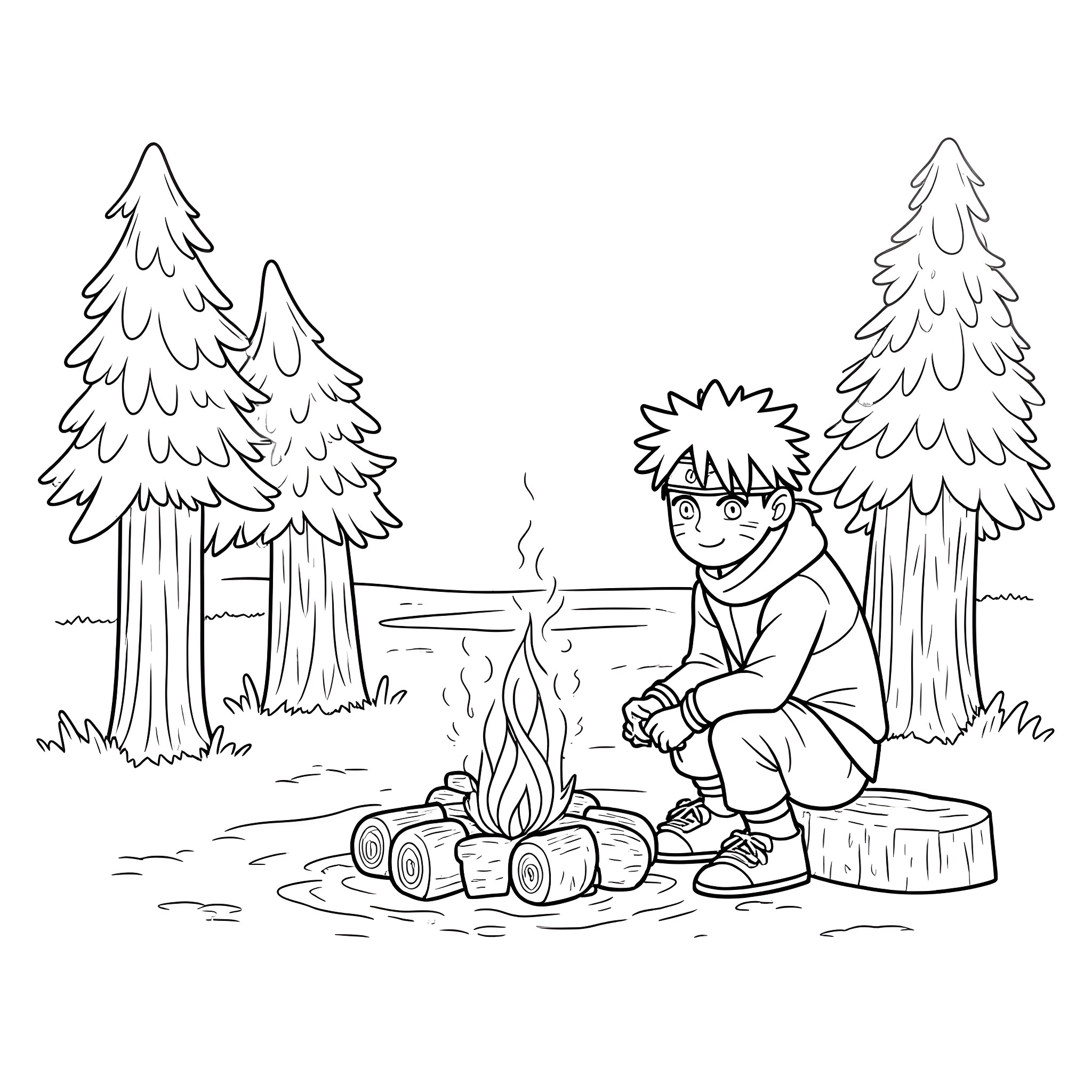 Naruto relaxing by the campfire in the forest Coloring Page (free black-and-white line drawing printable PDF for all, from beginners to advanced learners, including children, teens, adults, and seniors)
