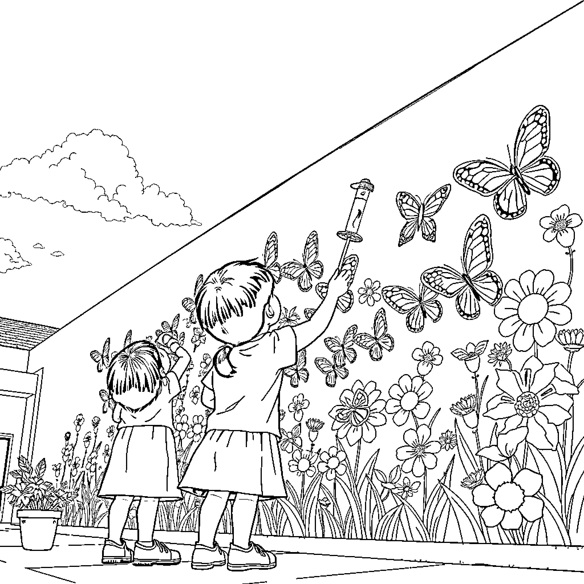 Child Catching Butterflies in Flower Garden Coloring Page (free black-and-white line drawing printable PDF for all, from beginners to advanced learners, including children, teens, adults, and seniors)
