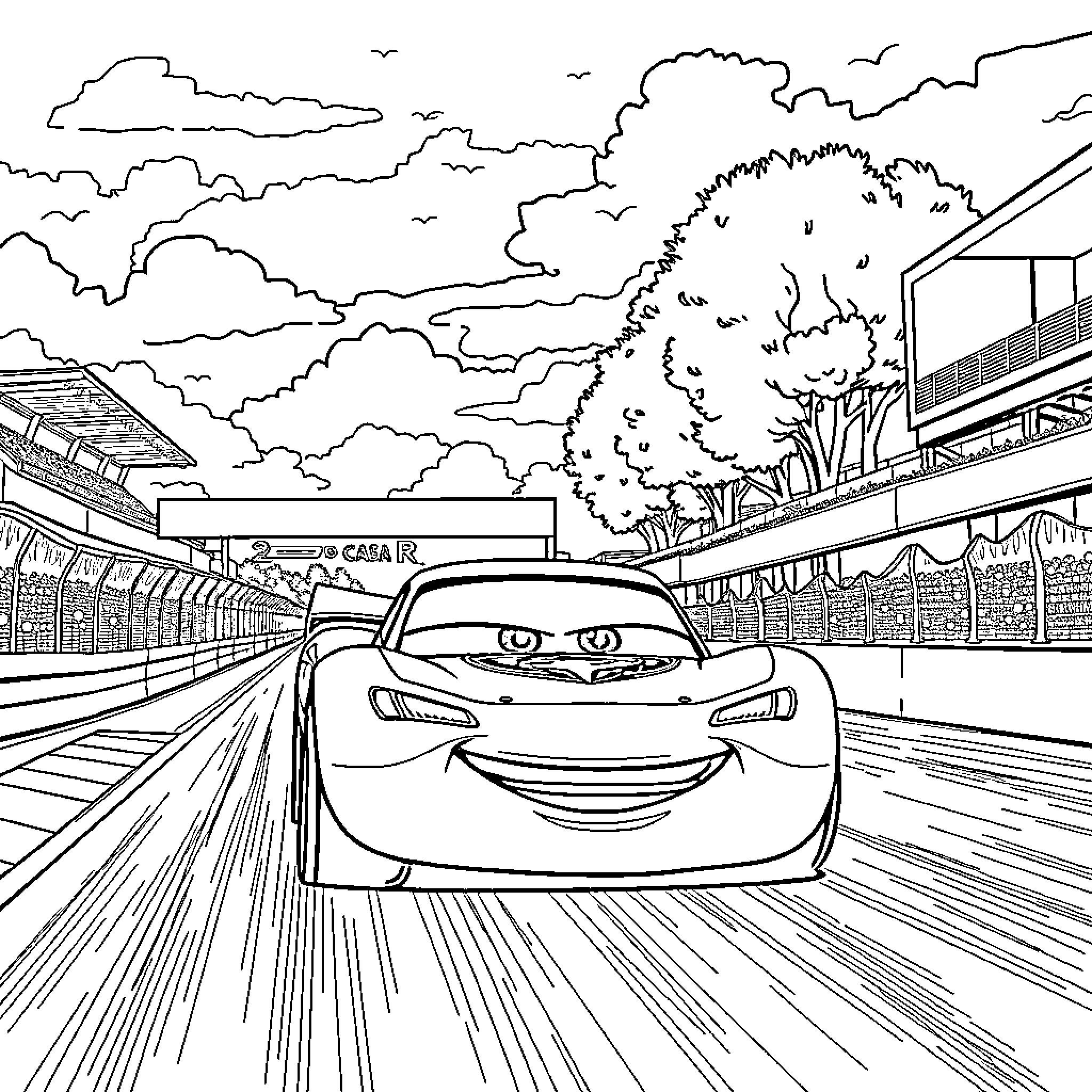 Lightning McQueen racing on the track Coloring Page (free black-and-white line drawing printable PDF for all, from beginners to advanced learners, including children, teens, adults, and seniors)