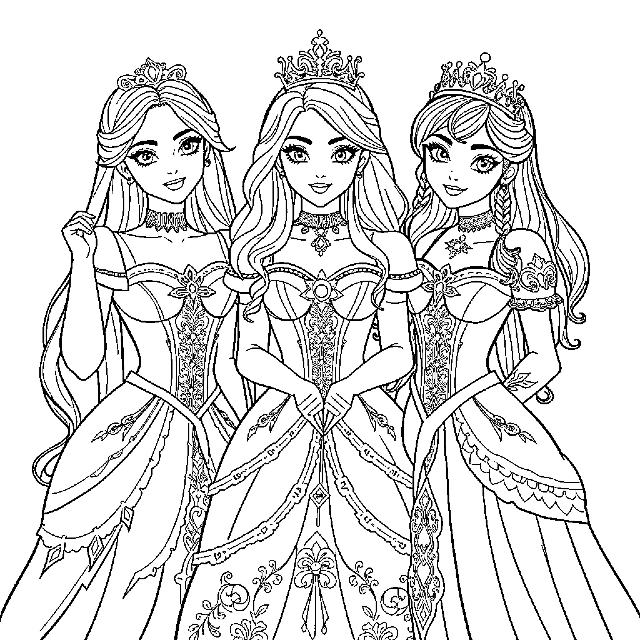 K-Pop Warriors in Regal Attire Coloring Page (free black-and-white line drawing printable PDF for all, from beginners to advanced learners, including children, teens, adults, and seniors)