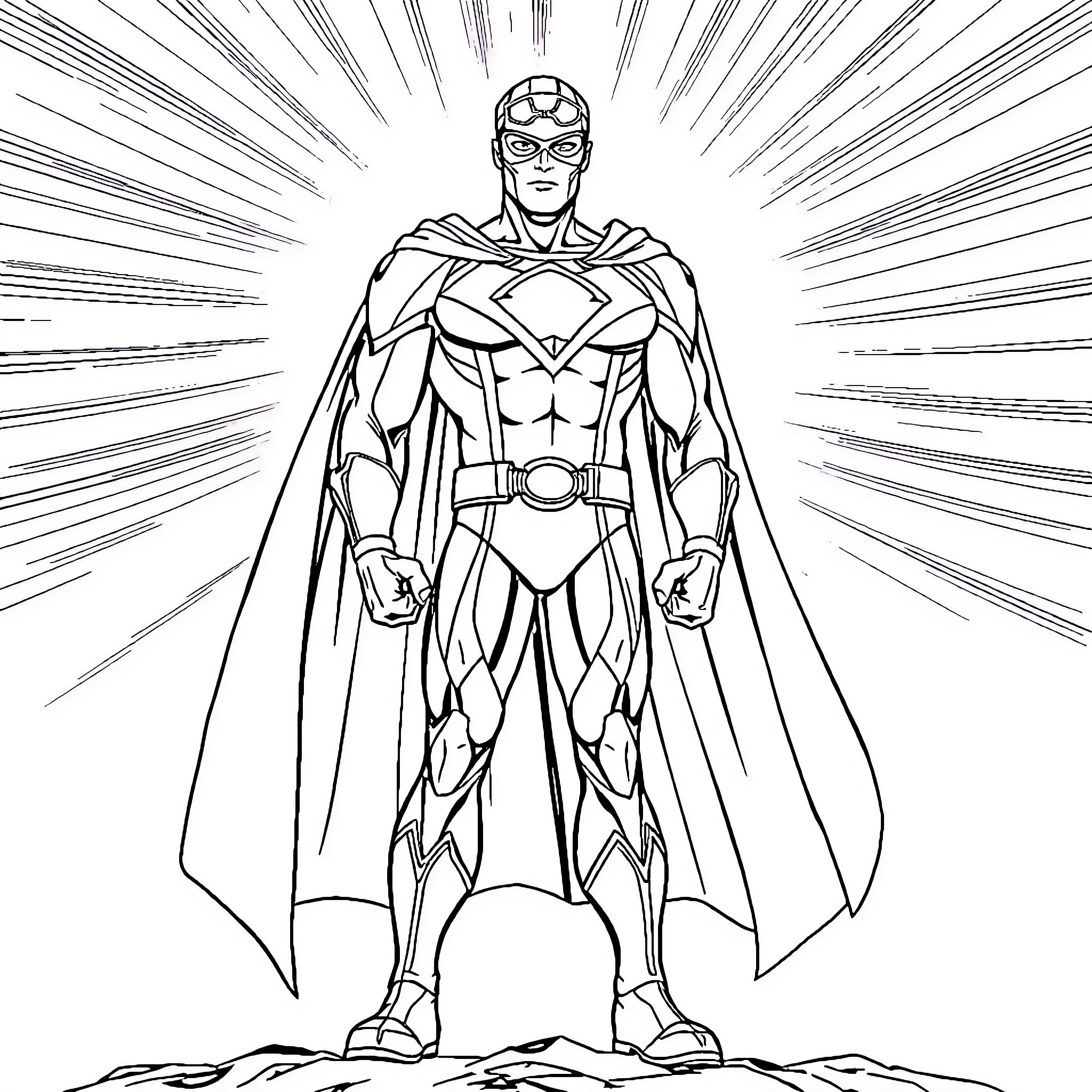 Omni Man in Heroic Pose Coloring Page (free black-and-white line drawing printable PDF for all, from beginners to advanced learners, including children, teens, adults, and seniors)
