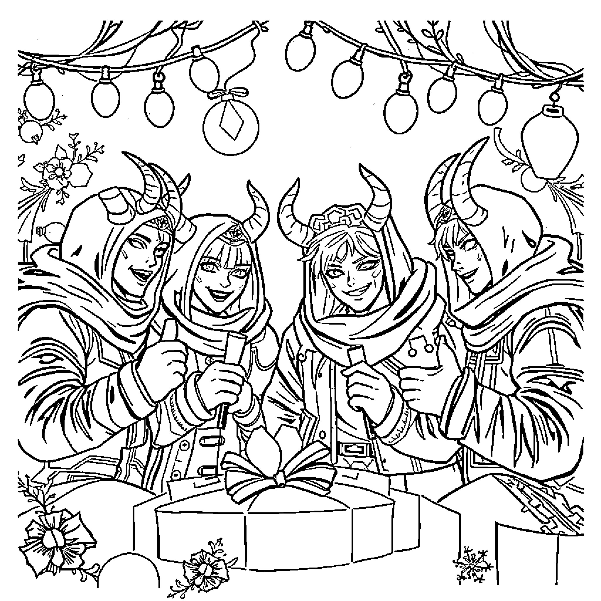 Demon Hunter Celebrating a Festive Occasion Coloring Page (free black-and-white line drawing printable PDF for all, from beginners to advanced learners, including children, teens, adults, and seniors)