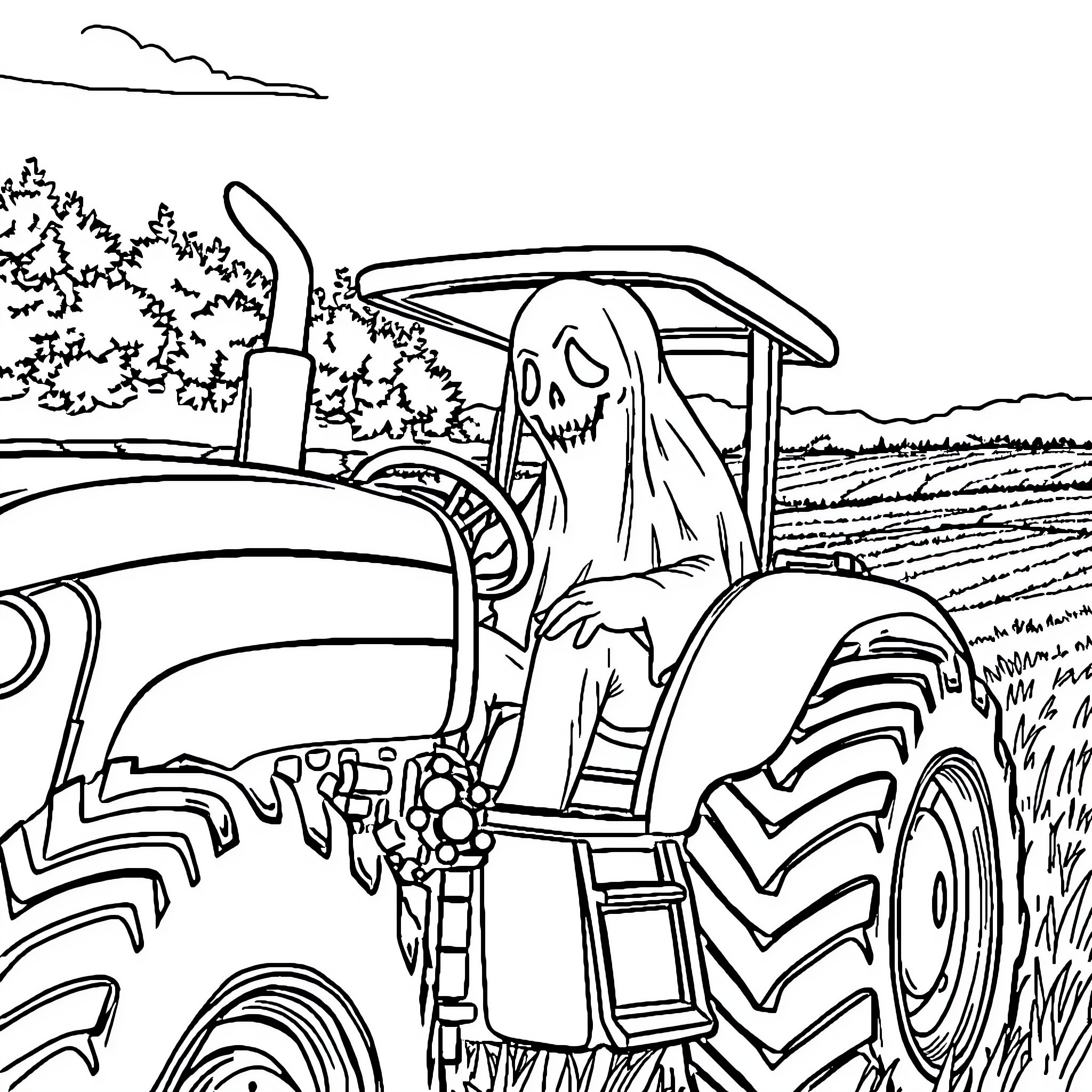 Ghost Face on a Tractor in the Countryside Coloring Page (free black-and-white line drawing printable PDF for all, from beginners to advanced learners, including children, teens, adults, and seniors)